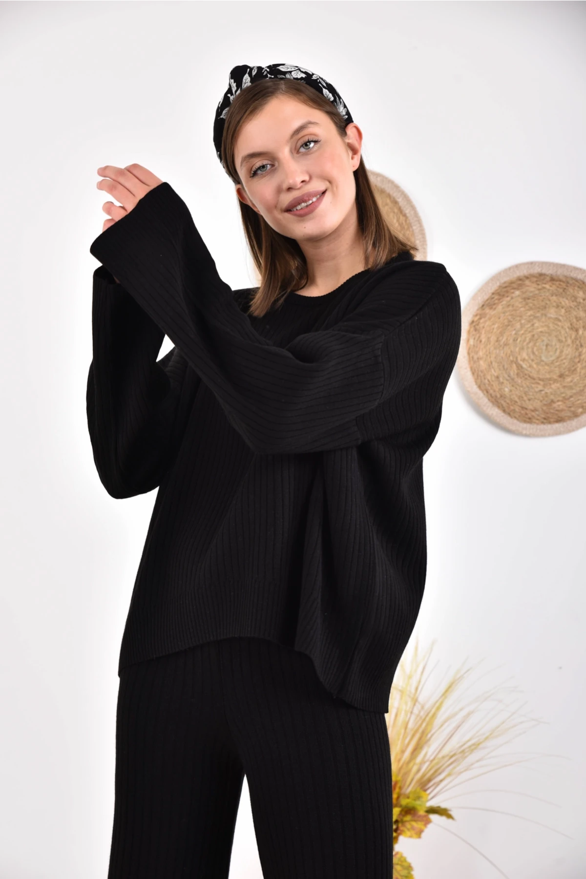 Kadın Bisiklet Yaka Fitilli Kazak Pantolonlu İkili Triko Takım