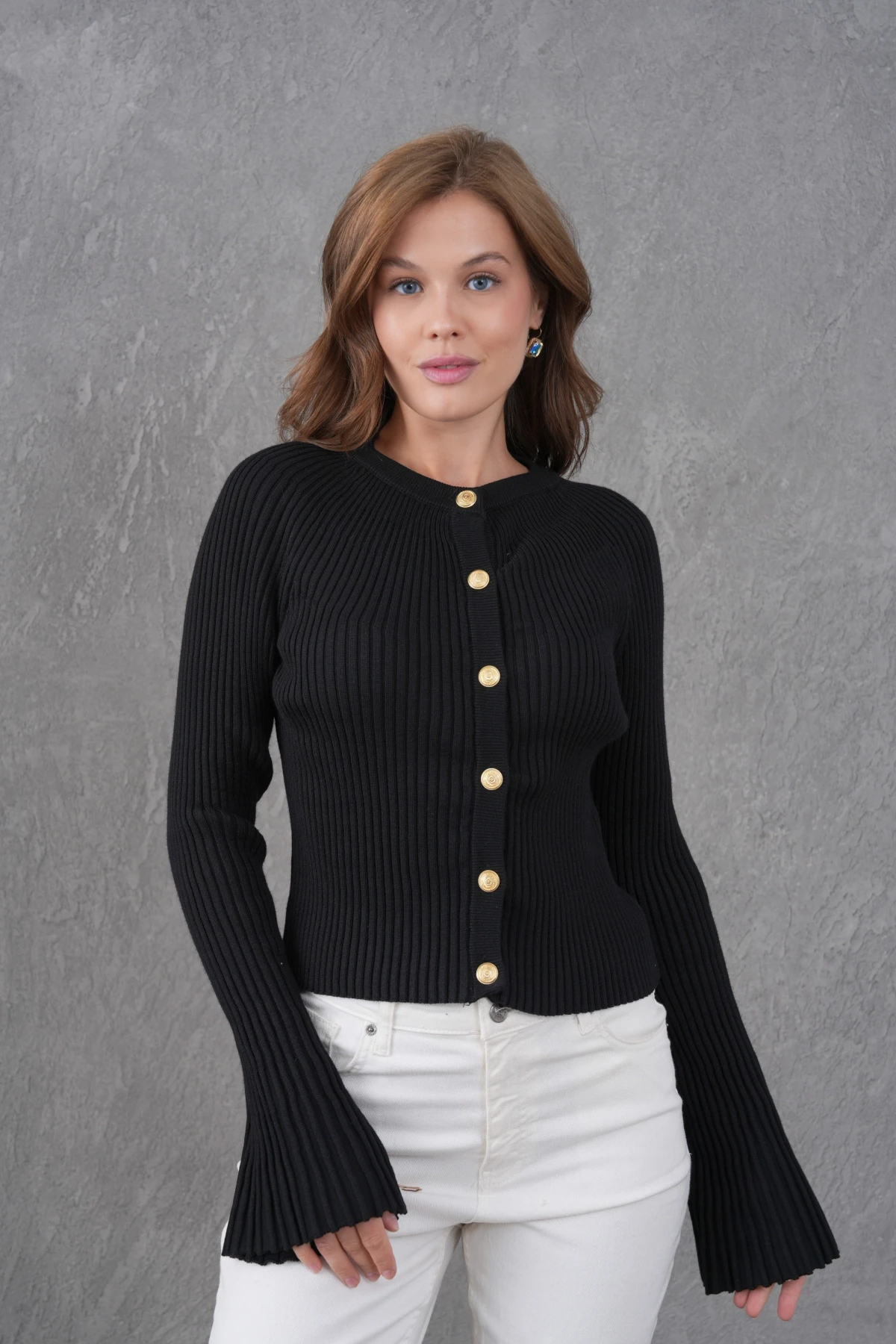 Kadın Bisiklet Yaka İspanyol Kol Düğme Kapama Kaşkorse Triko Ceket 12280.Lnz