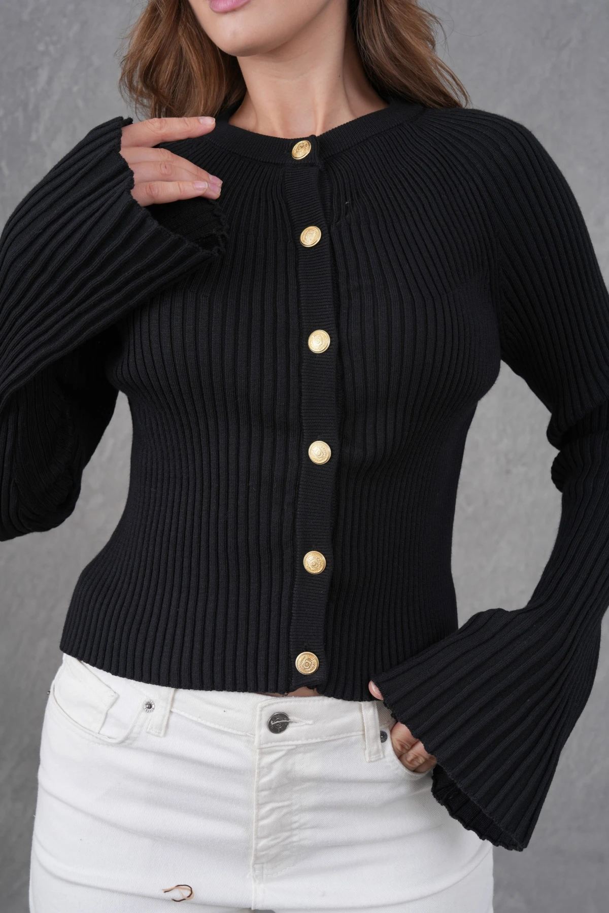 Kadın Bisiklet Yaka İspanyol Kol Düğme Kapama Kaşkorse Triko Ceket 12280.Lnz