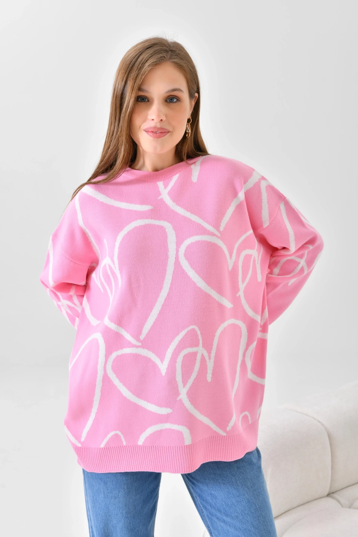 Kadın Bisiklet Yaka Kalp Örgü Detaylı Oversize Triko Tunik