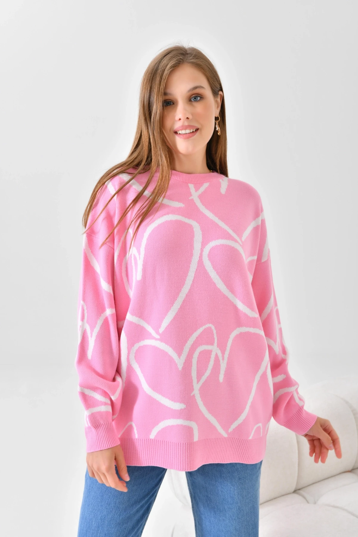 Kadın Bisiklet Yaka Kalp Örgü Detaylı Oversize Triko Tunik