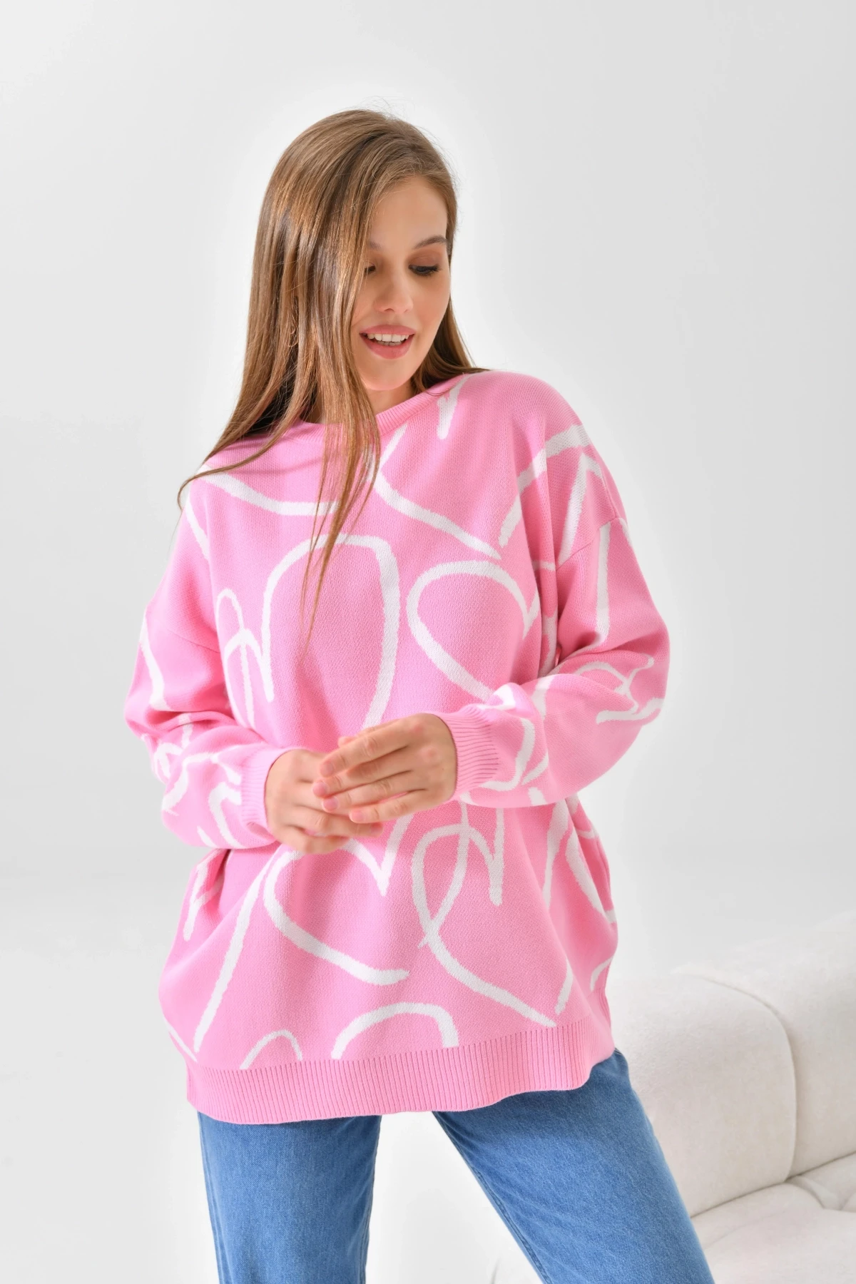 Kadın Bisiklet Yaka Kalp Örgü Detaylı Oversize Triko Tunik