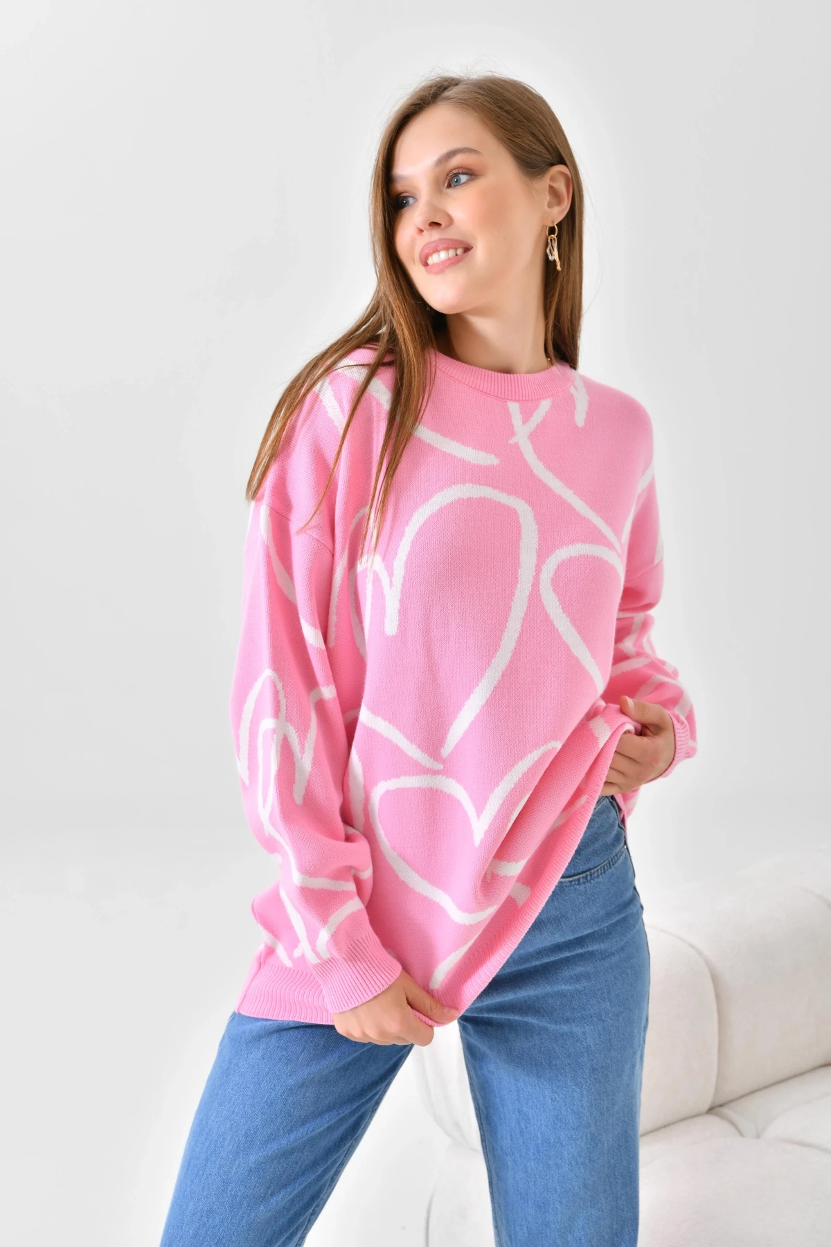 Kadın Bisiklet Yaka Kalp Örgü Detaylı Oversize Triko Tunik