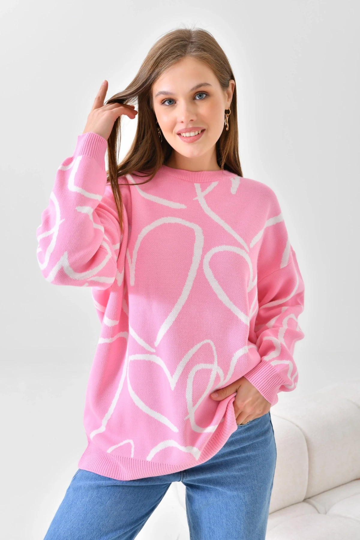 Kadın Bisiklet Yaka Kalp Örgü Detaylı Oversize Triko Tunik