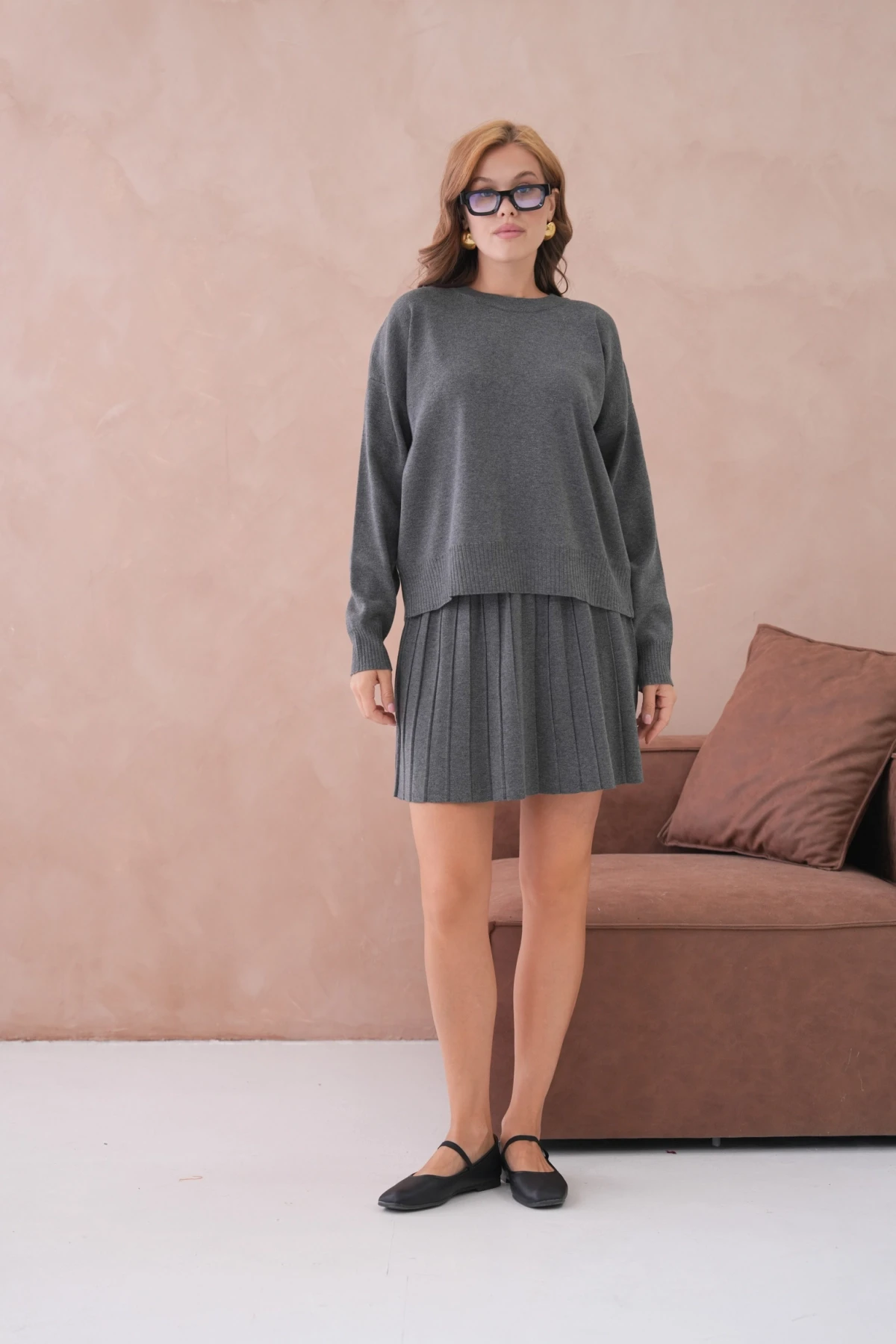 Kadın Bisiklet Yaka Kazak Kısa Etek İkili Triko Takım