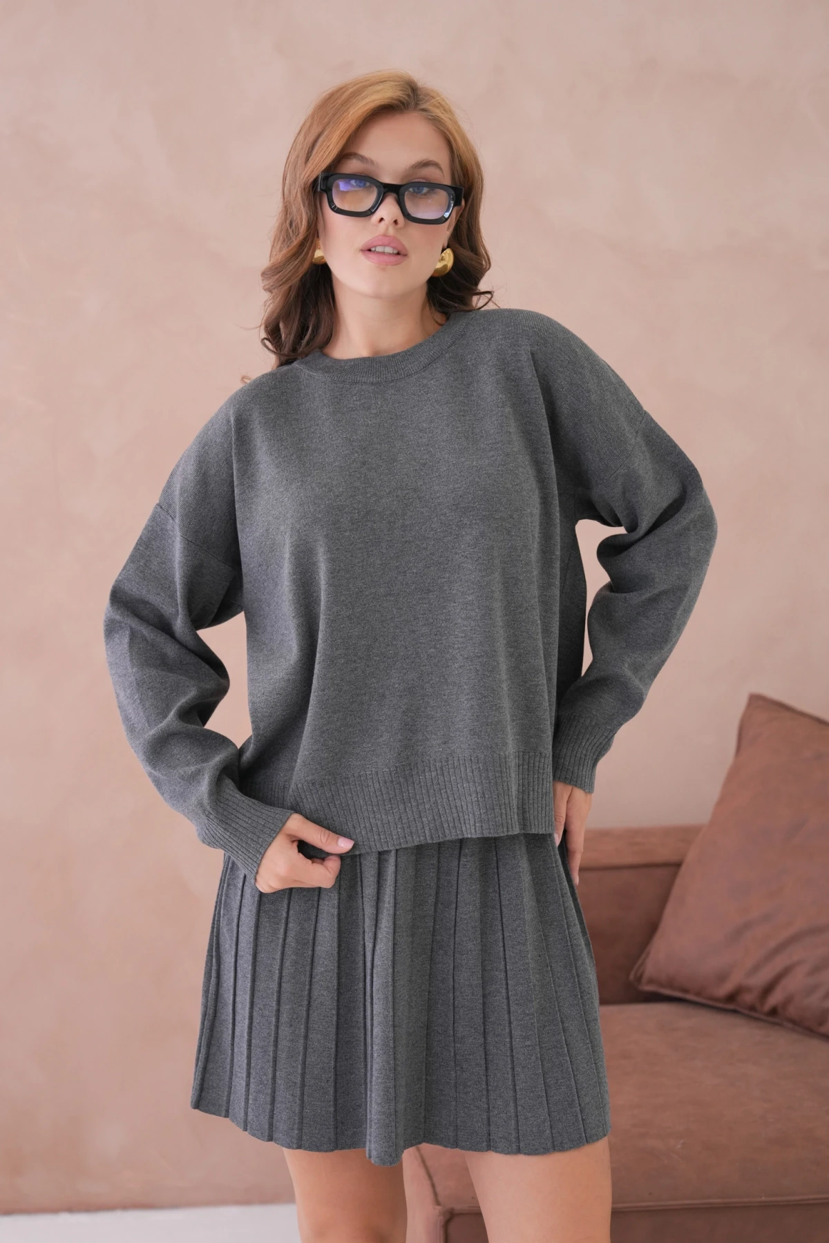 Kadın Bisiklet Yaka Kazak Kısa Etek İkili Triko Takım