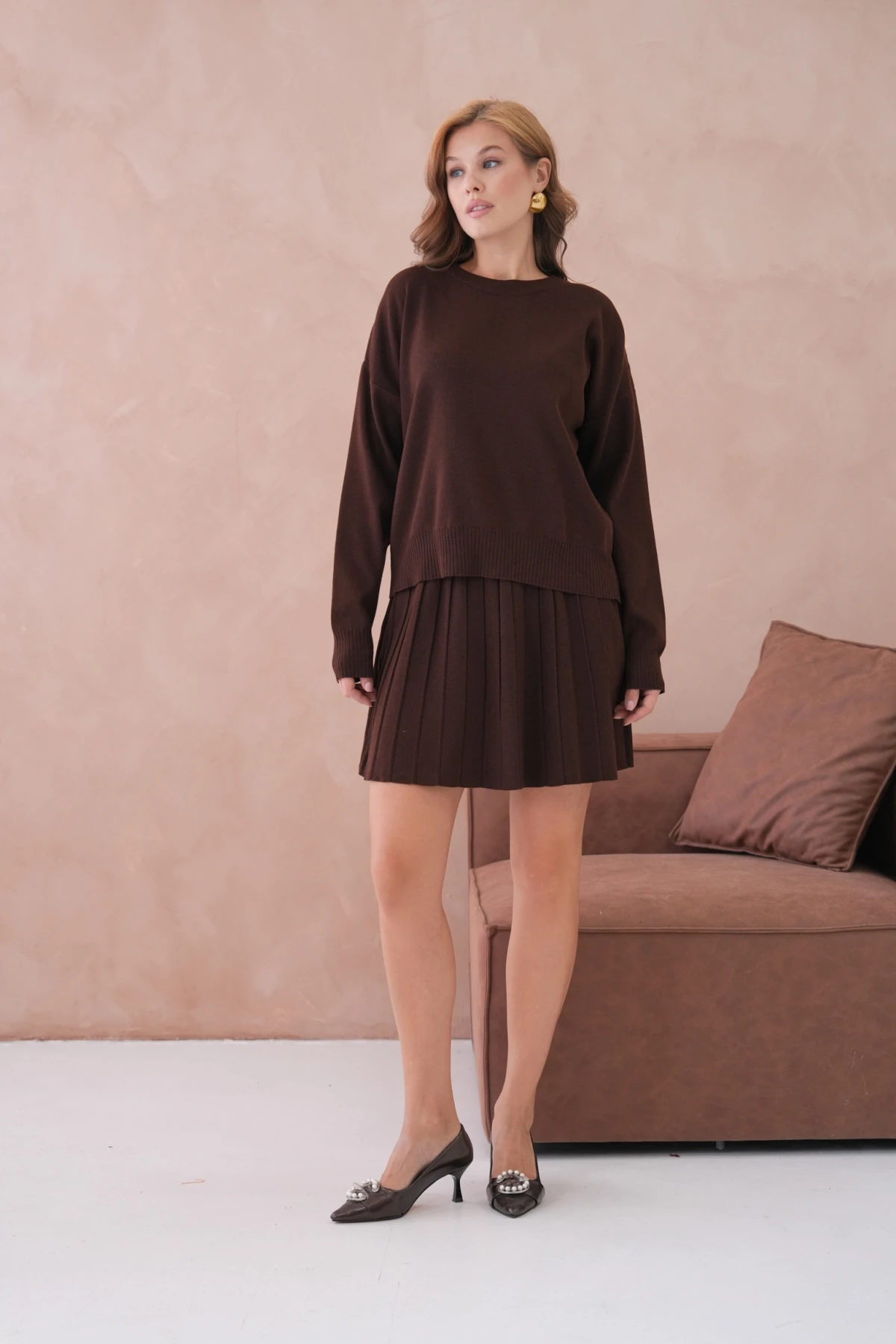 Kadın Bisiklet Yaka Kazak Kısa Etek İkili Triko Takım