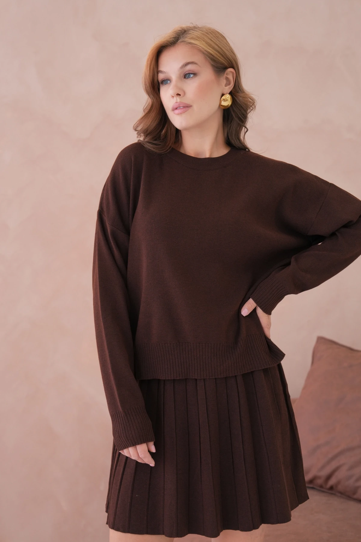 Kadın Bisiklet Yaka Kazak Kısa Etek İkili Triko Takım