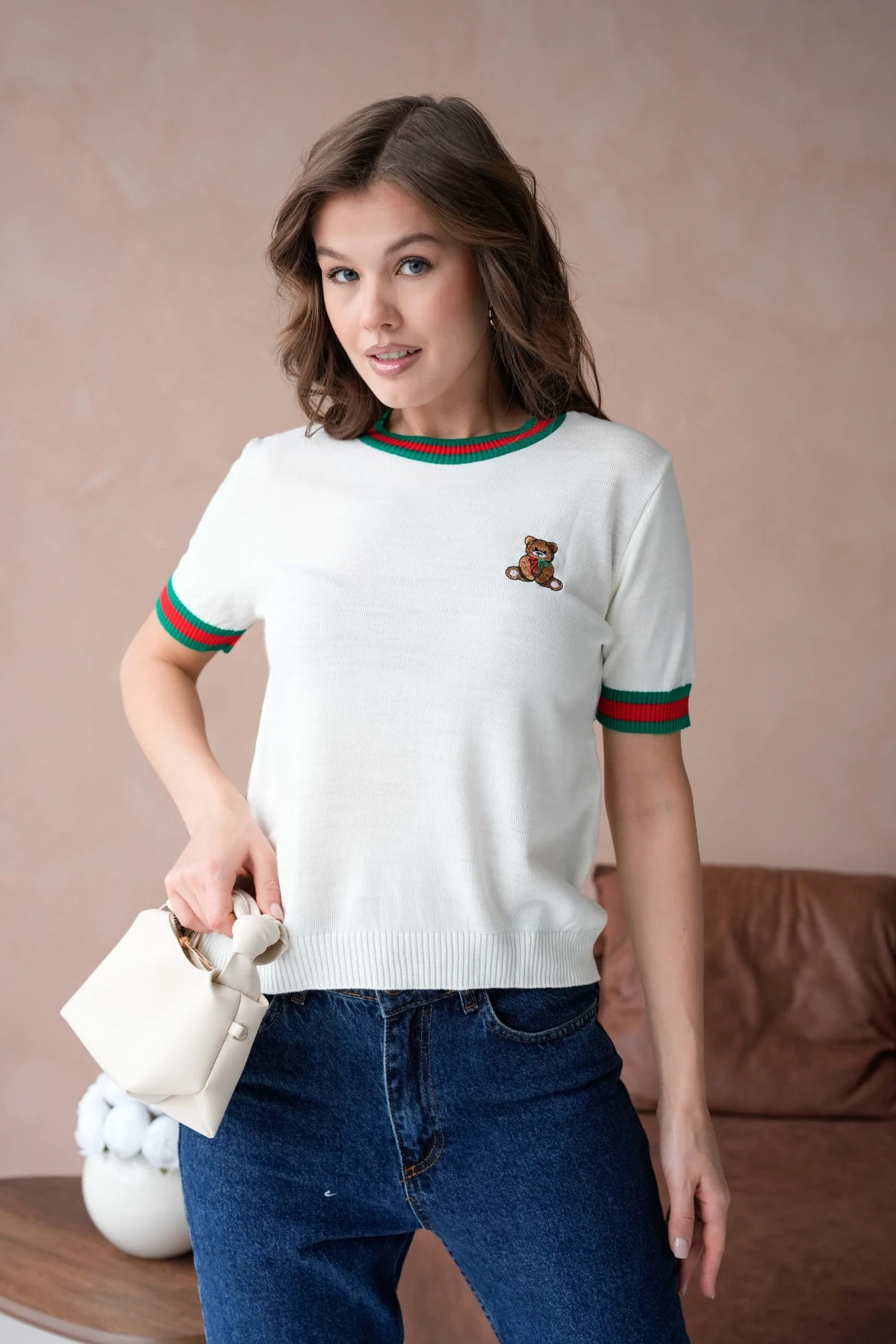 Kadın Bisiklet Yaka Kısa Kol Çizgili Triko Kazak 10229