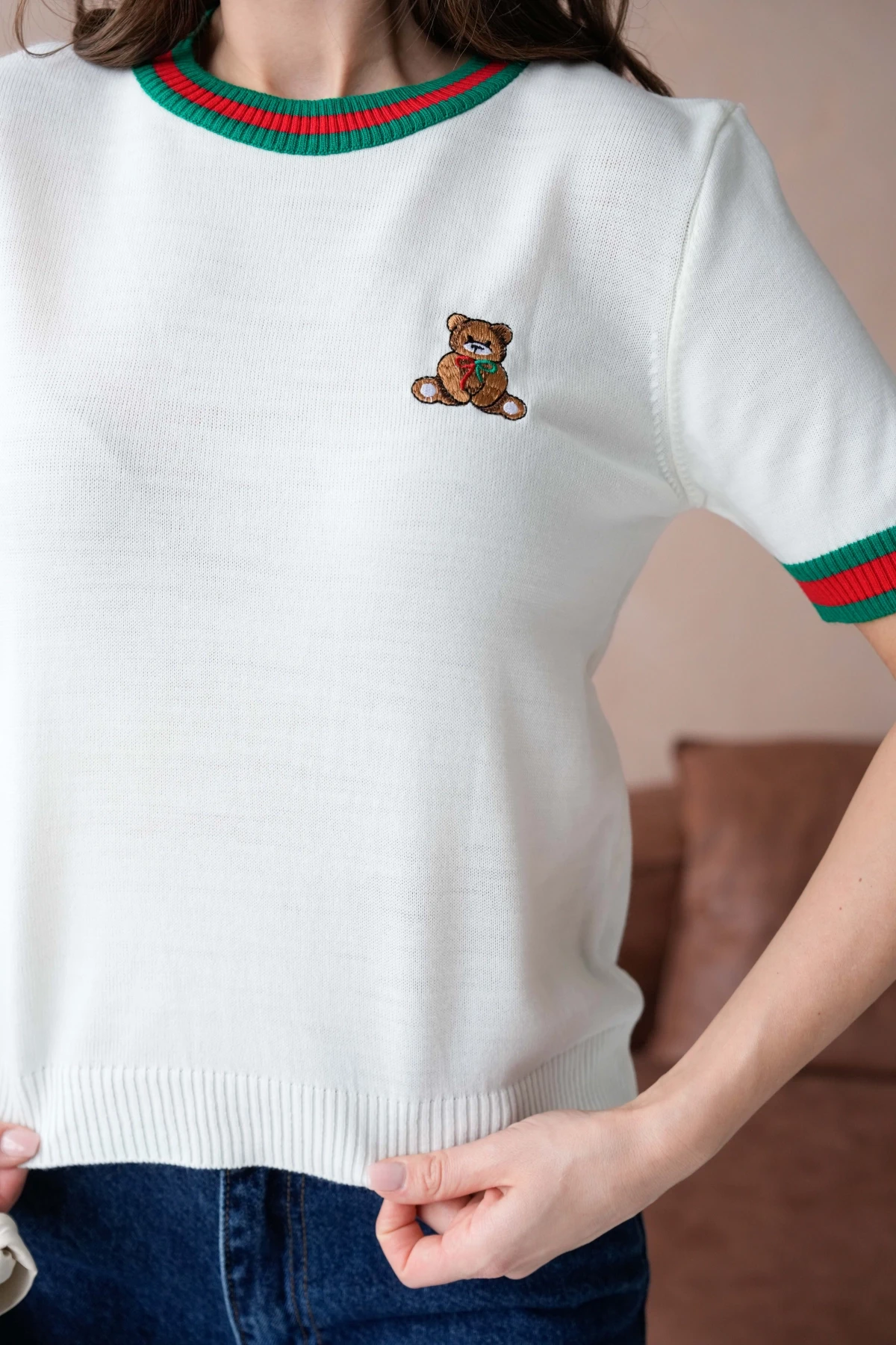 Kadın Bisiklet Yaka Kısa Kol Çizgili Triko Kazak 10229