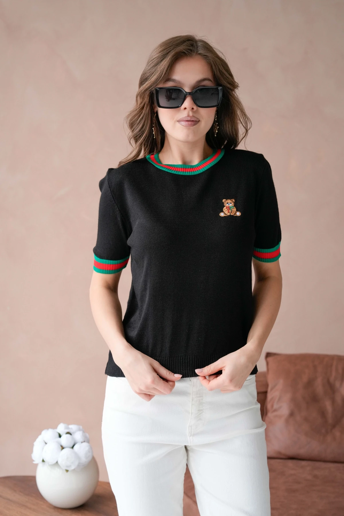 Kadın Bisiklet Yaka Kısa Kol Çizgili Triko Kazak 10229