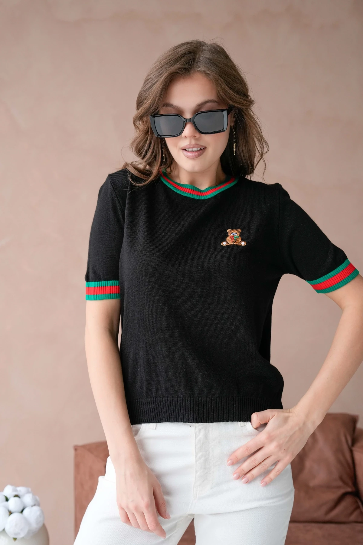 Kadın Bisiklet Yaka Kısa Kol Çizgili Triko Kazak 10229