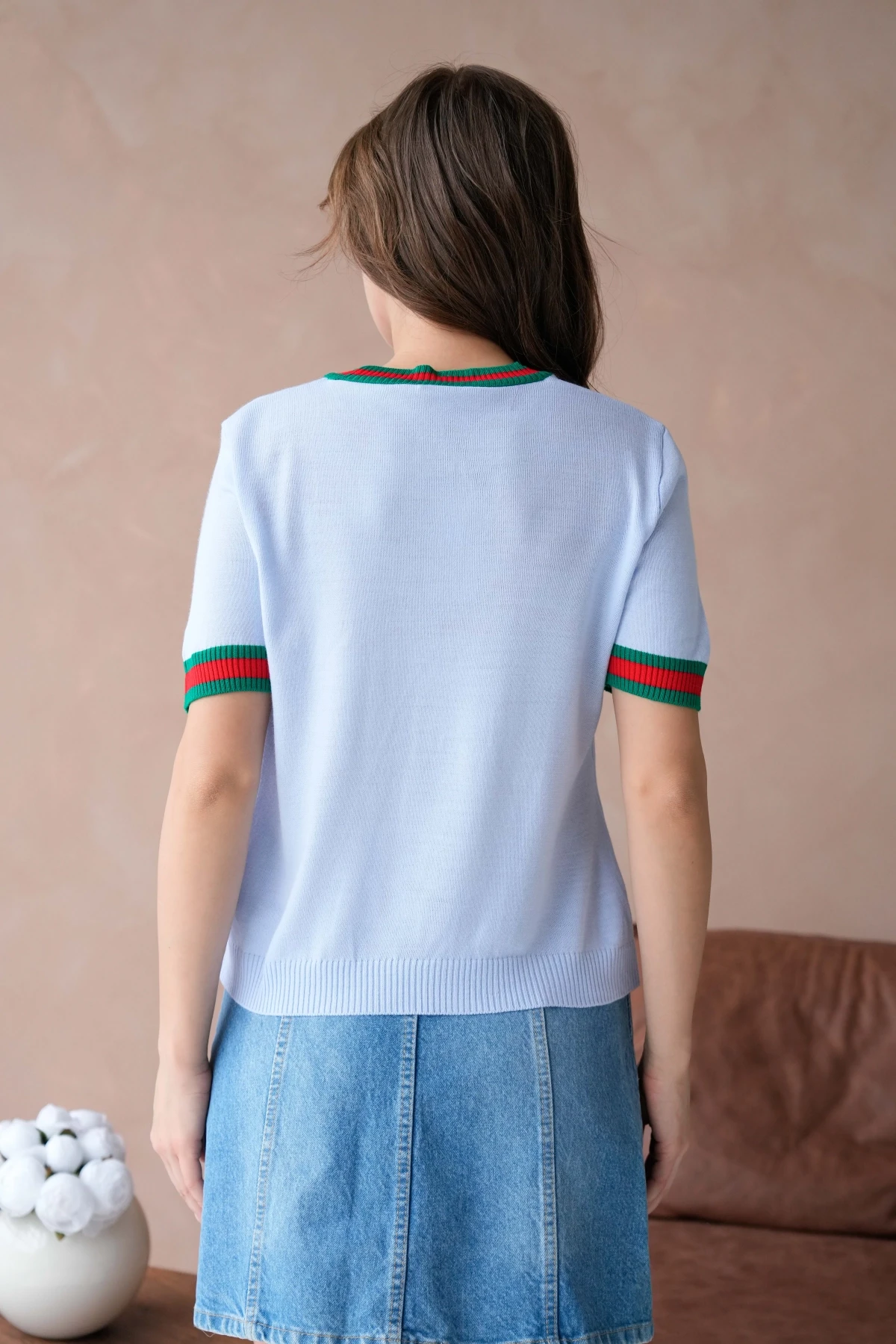 Kadın Bisiklet Yaka Kısa Kol Çizgili Triko Kazak 10229