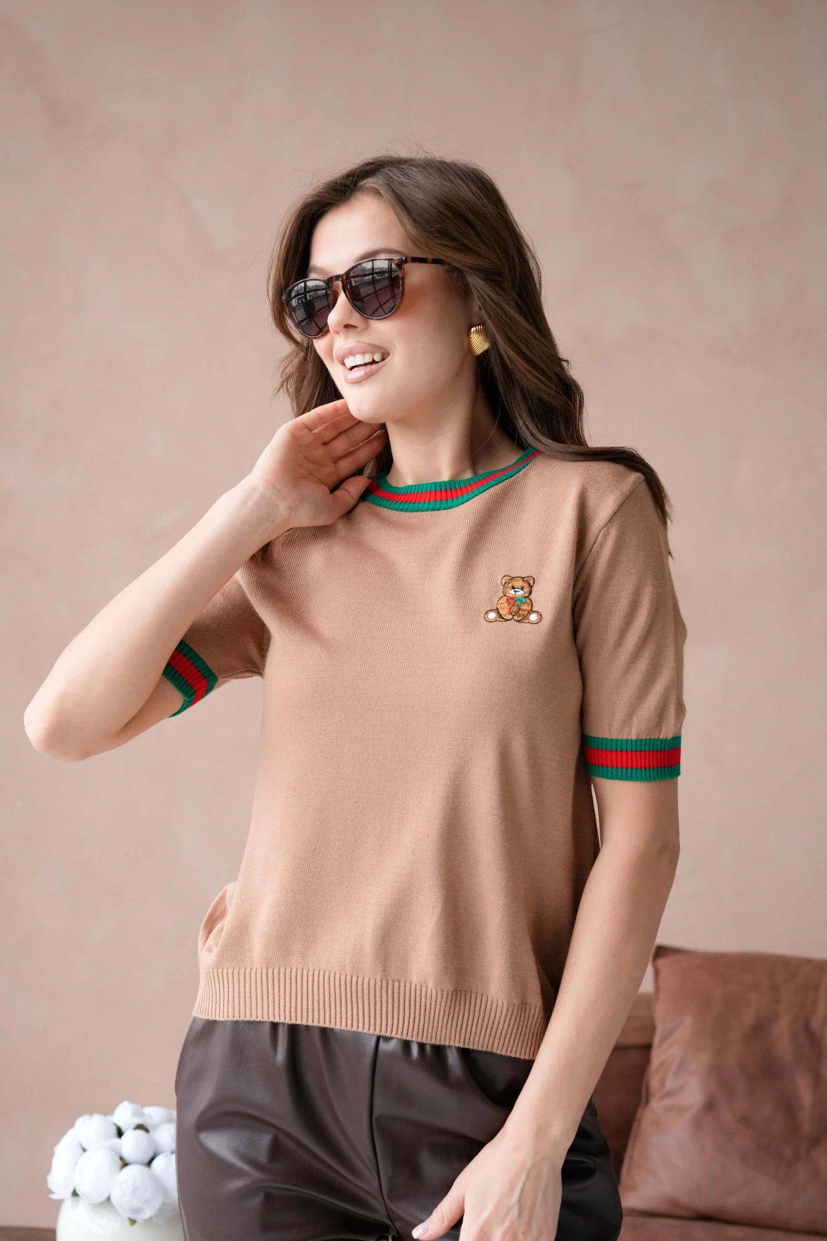 Kadın Bisiklet Yaka Kısa Kol Çizgili Triko Kazak 10229