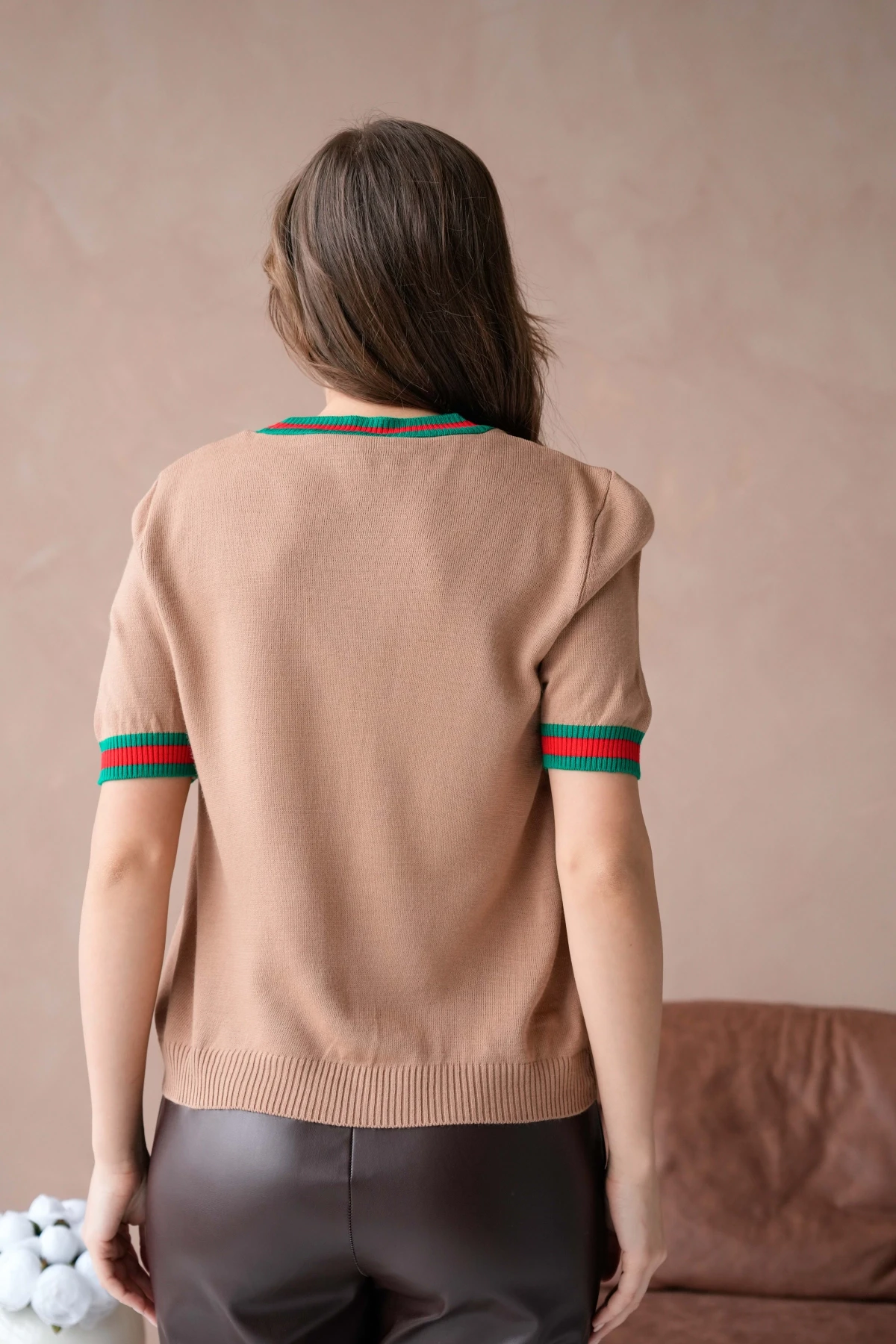 Kadın Bisiklet Yaka Kısa Kol Çizgili Triko Kazak 10229