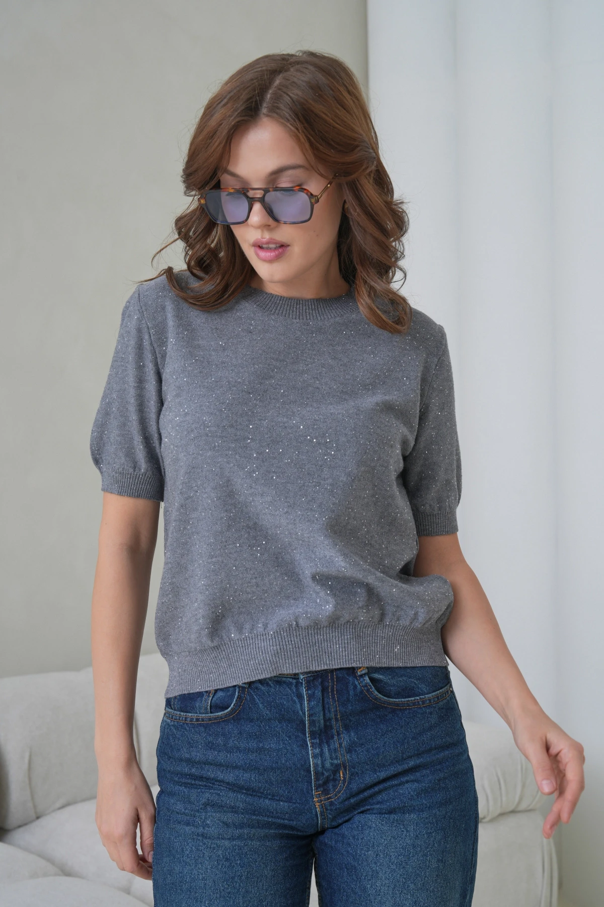 Kadın Bisiklet Yaka Kısa Kol Pullu Triko Kazak 12080.Pr