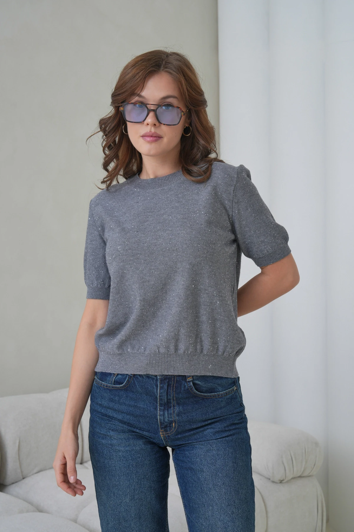 Kadın Bisiklet Yaka Kısa Kol Pullu Triko Kazak 12080.Pr