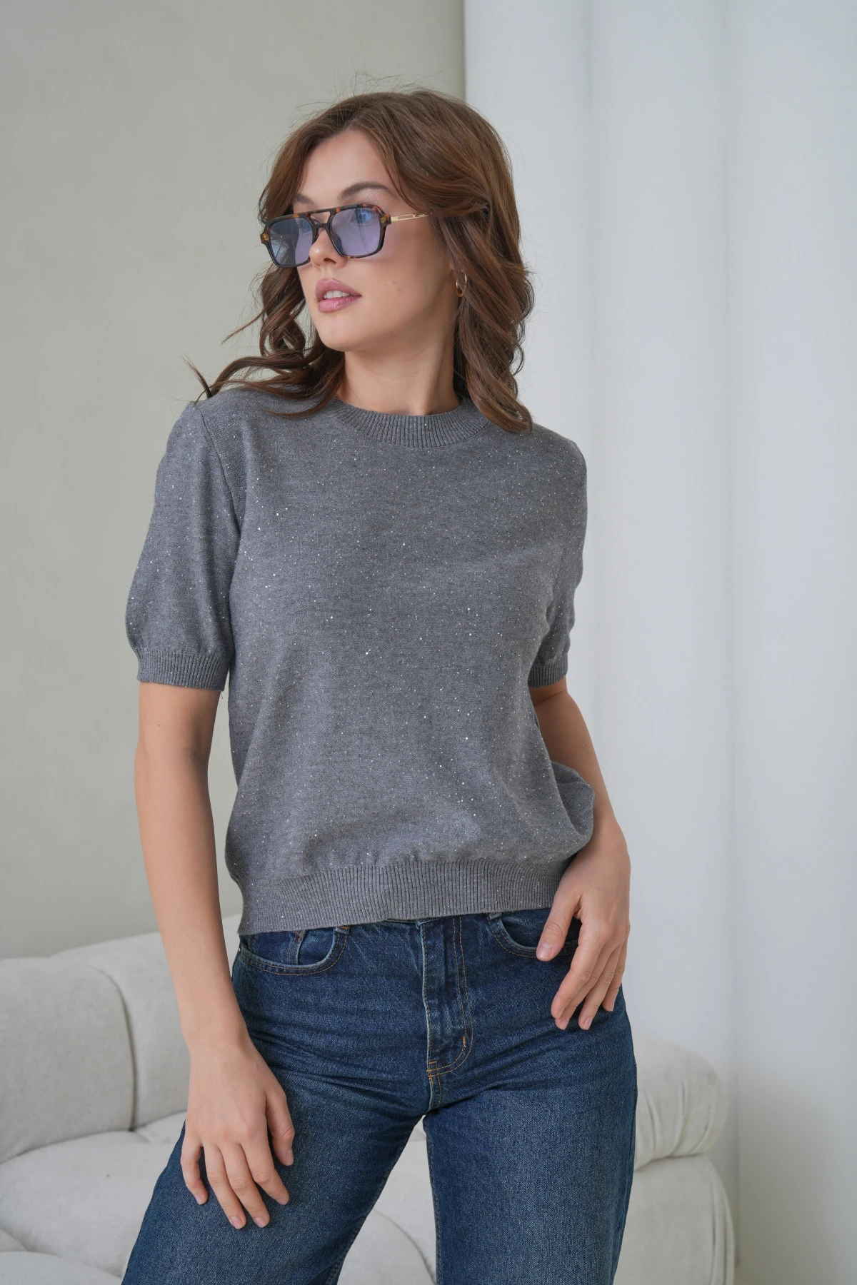 Kadın Bisiklet Yaka Kısa Kol Pullu Triko Kazak 12080.Pr