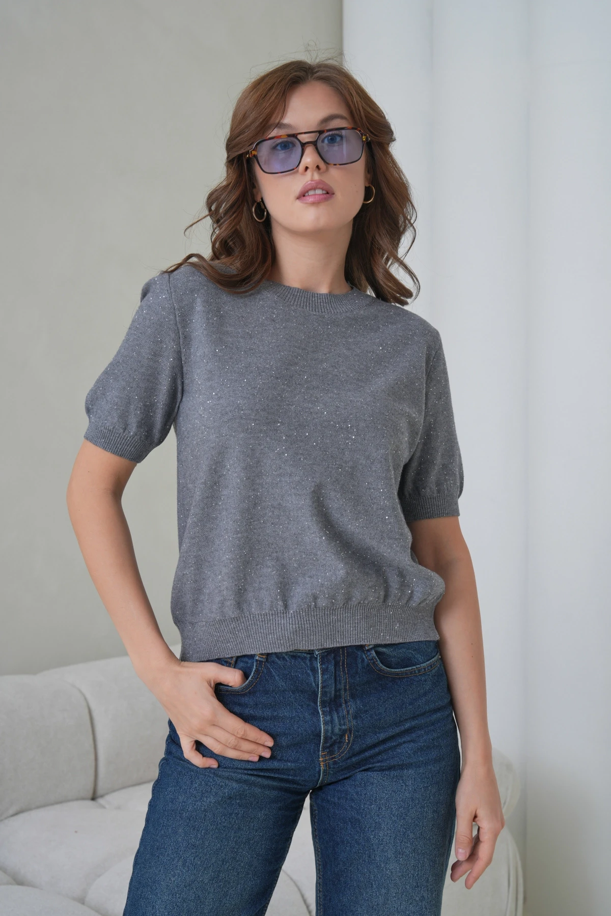 Kadın Bisiklet Yaka Kısa Kol Pullu Triko Kazak 12080.Pr