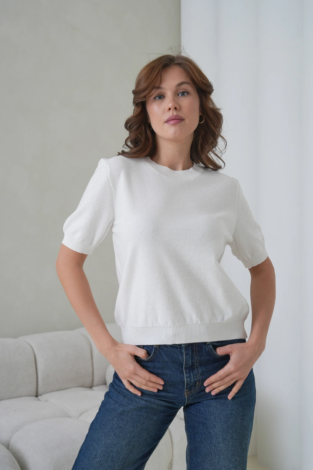 Kadın Bisiklet Yaka Kısa Kol Pullu Triko Kazak 12080.Pr