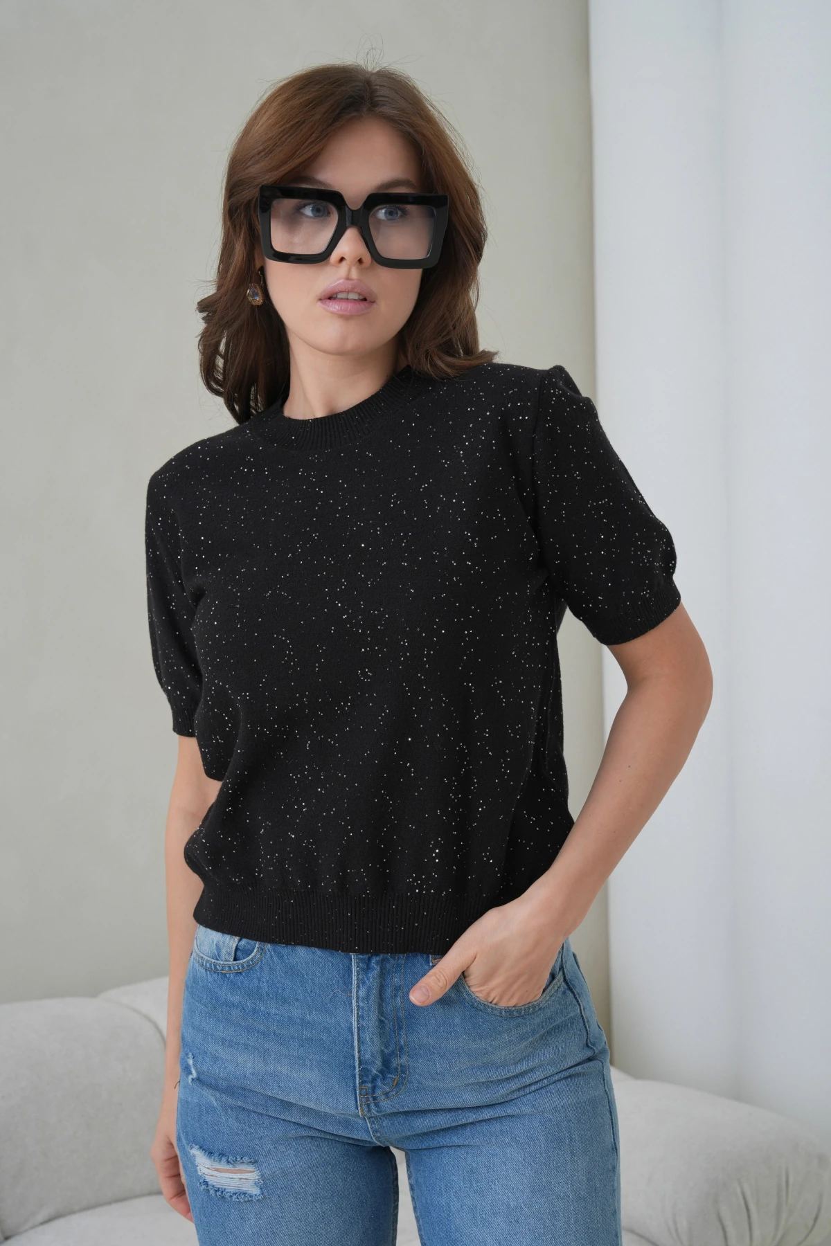 Kadın Bisiklet Yaka Kısa Kol Pullu Triko Kazak 12080.Pr