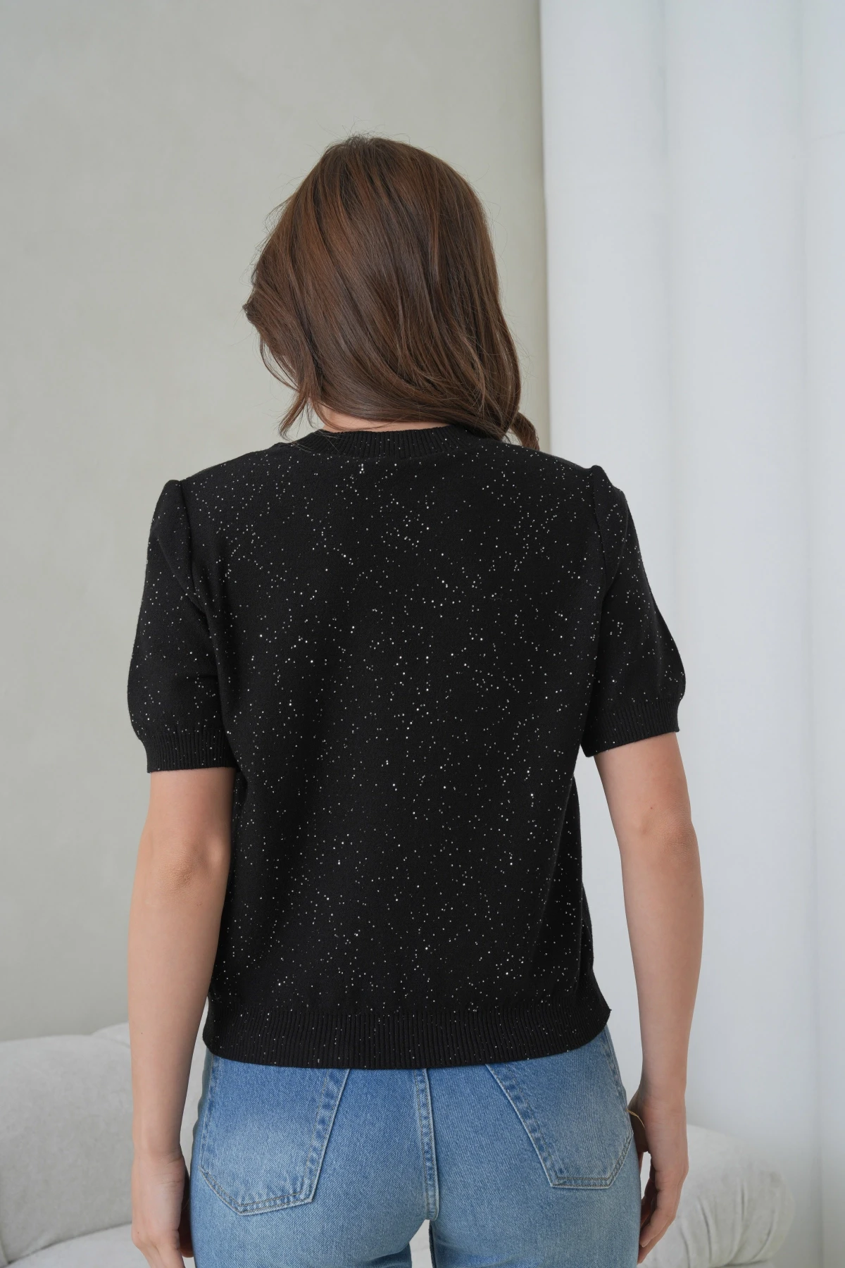 Kadın Bisiklet Yaka Kısa Kol Pullu Triko Kazak 12080.Pr