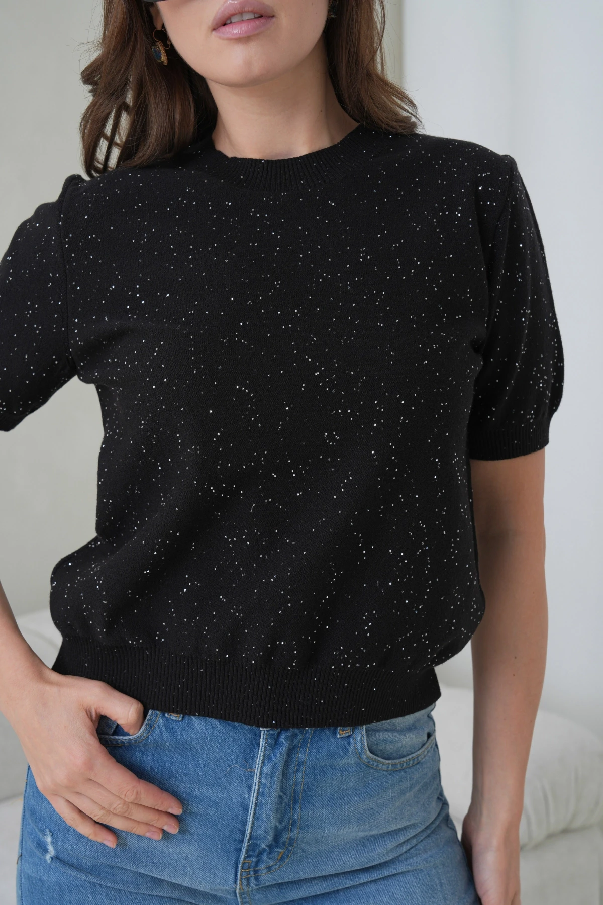 Kadın Bisiklet Yaka Kısa Kol Pullu Triko Kazak 12080.Pr