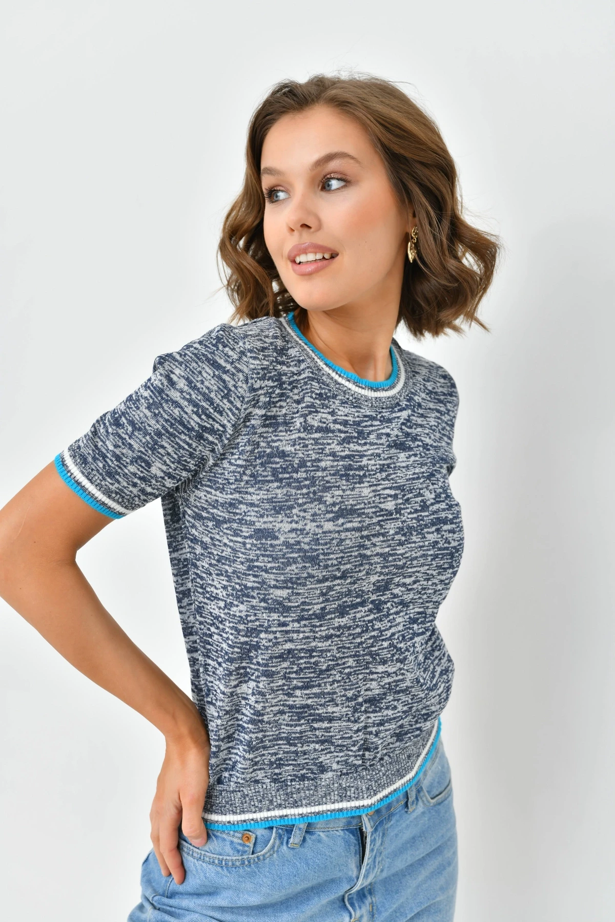 Kadın Bisiklet Yaka Kısa Kol Triko Kazak 10192