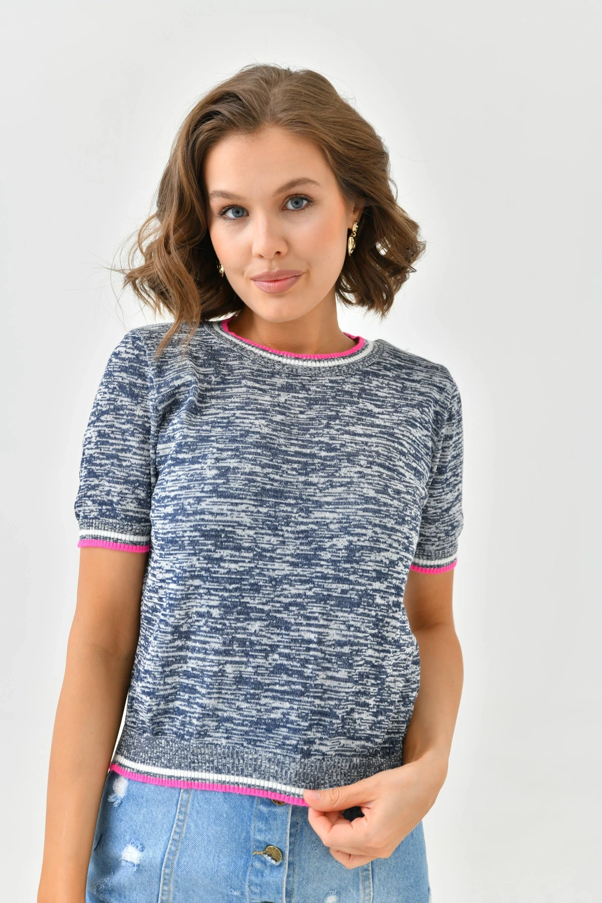 Kadın Bisiklet Yaka Kısa Kol Triko Kazak 10192