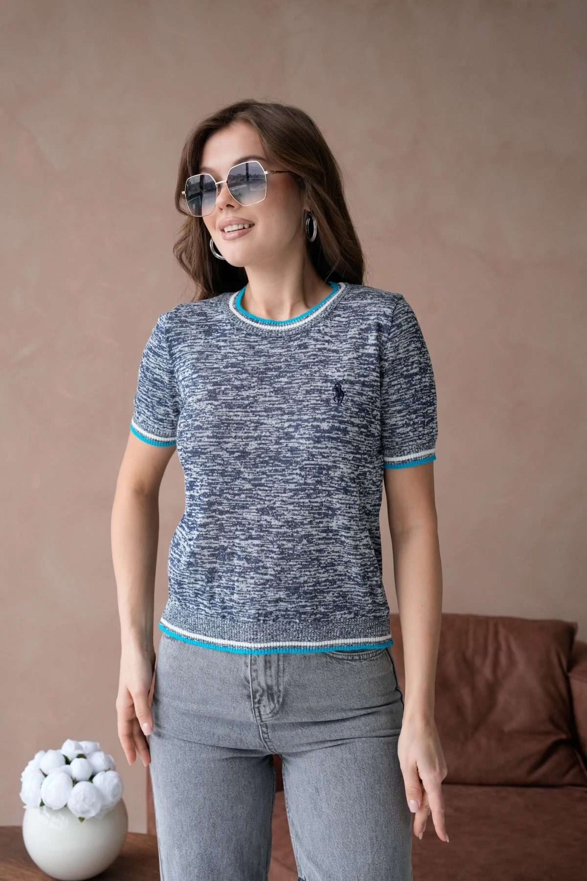 Kadın Bisiklet Yaka Kısa Kol Yumuşak Dokulu Triko Kazak 12033