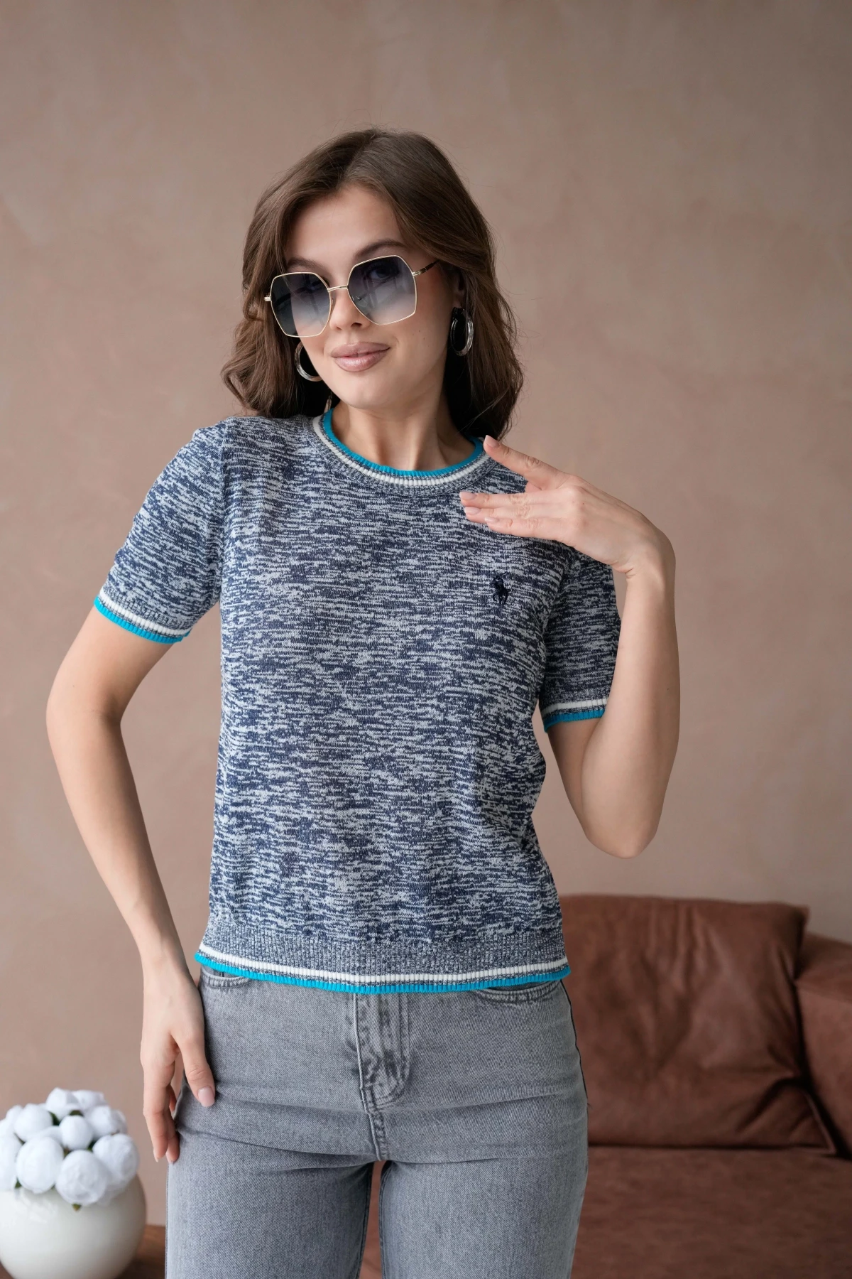 Kadın Bisiklet Yaka Kısa Kol Yumuşak Dokulu Triko Kazak 12033