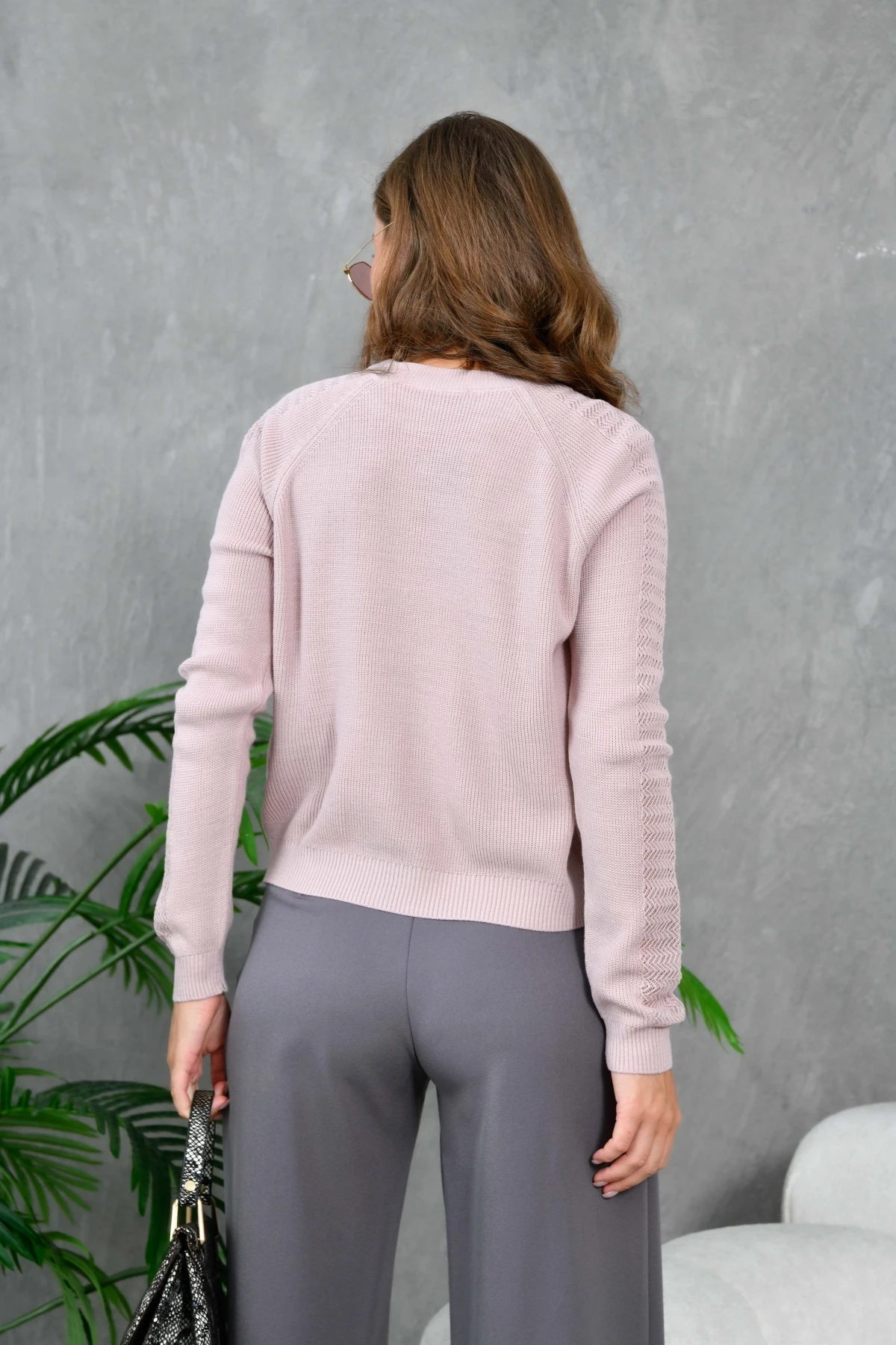 Kadın Bisiklet Yaka Kolları Ajurlu Basic Triko Kazak