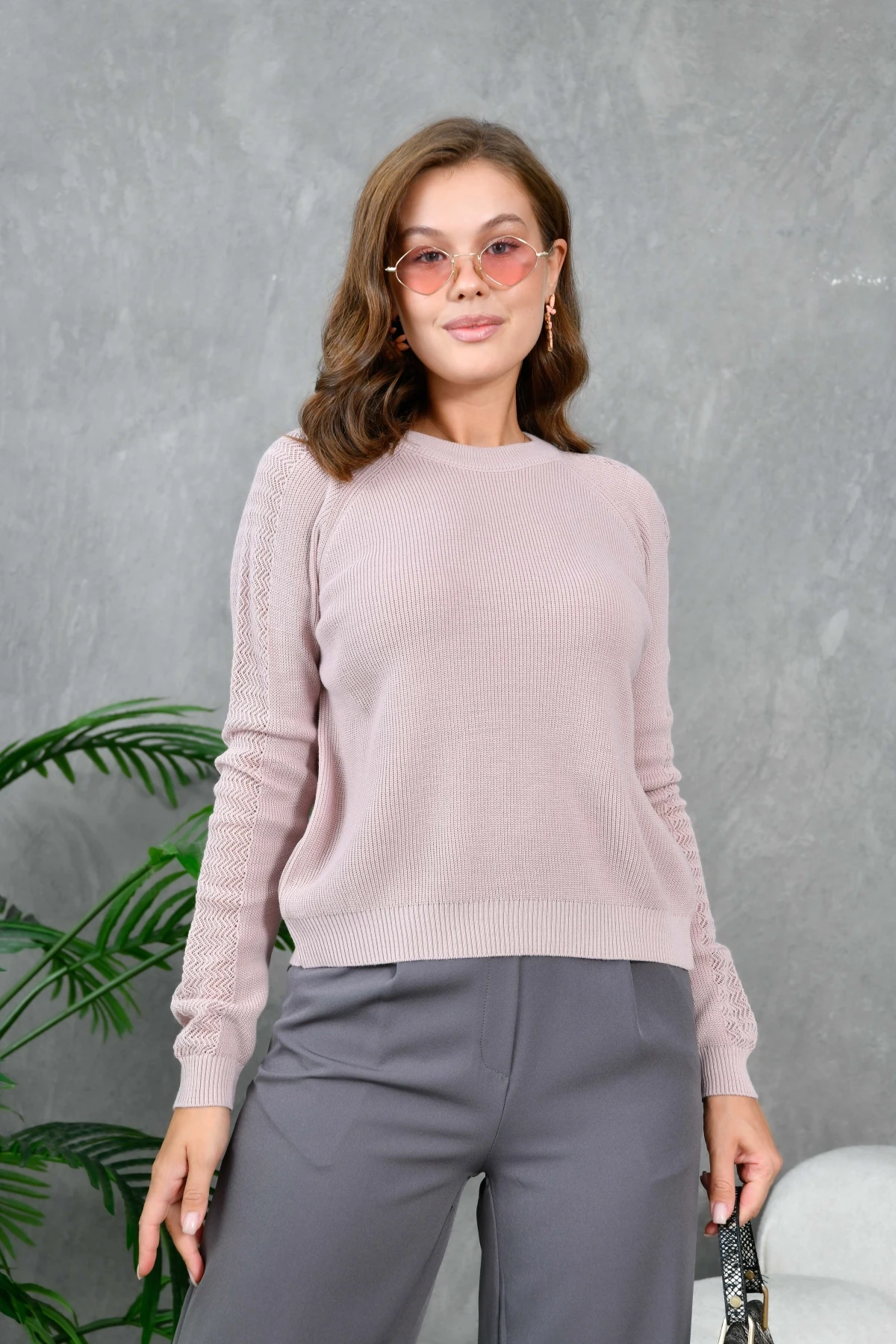 Kadın Bisiklet Yaka Kolları Ajurlu Basic Triko Kazak