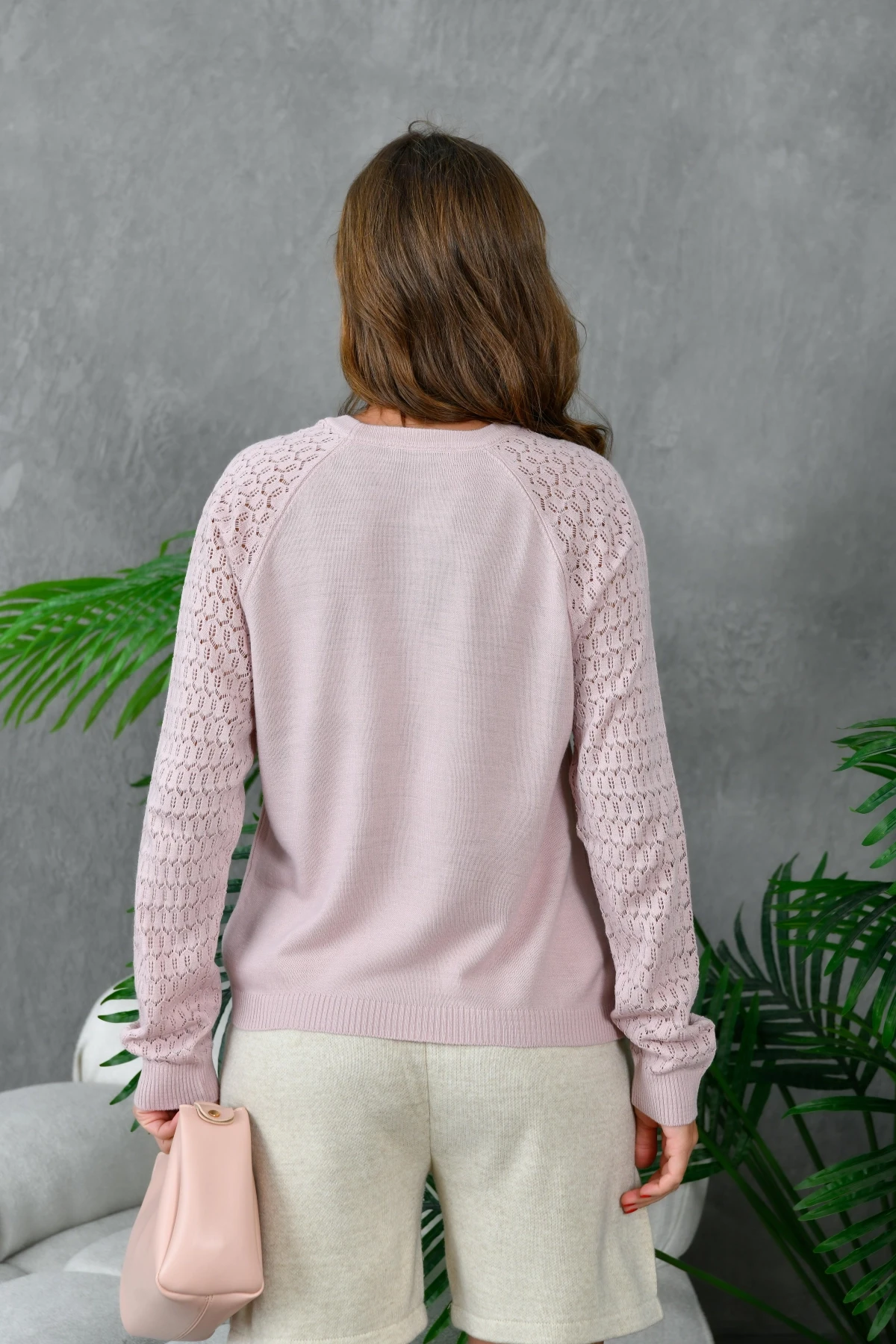 Kadın Bisiklet Yaka Kolları Ajurlu Basic Triko Kazak