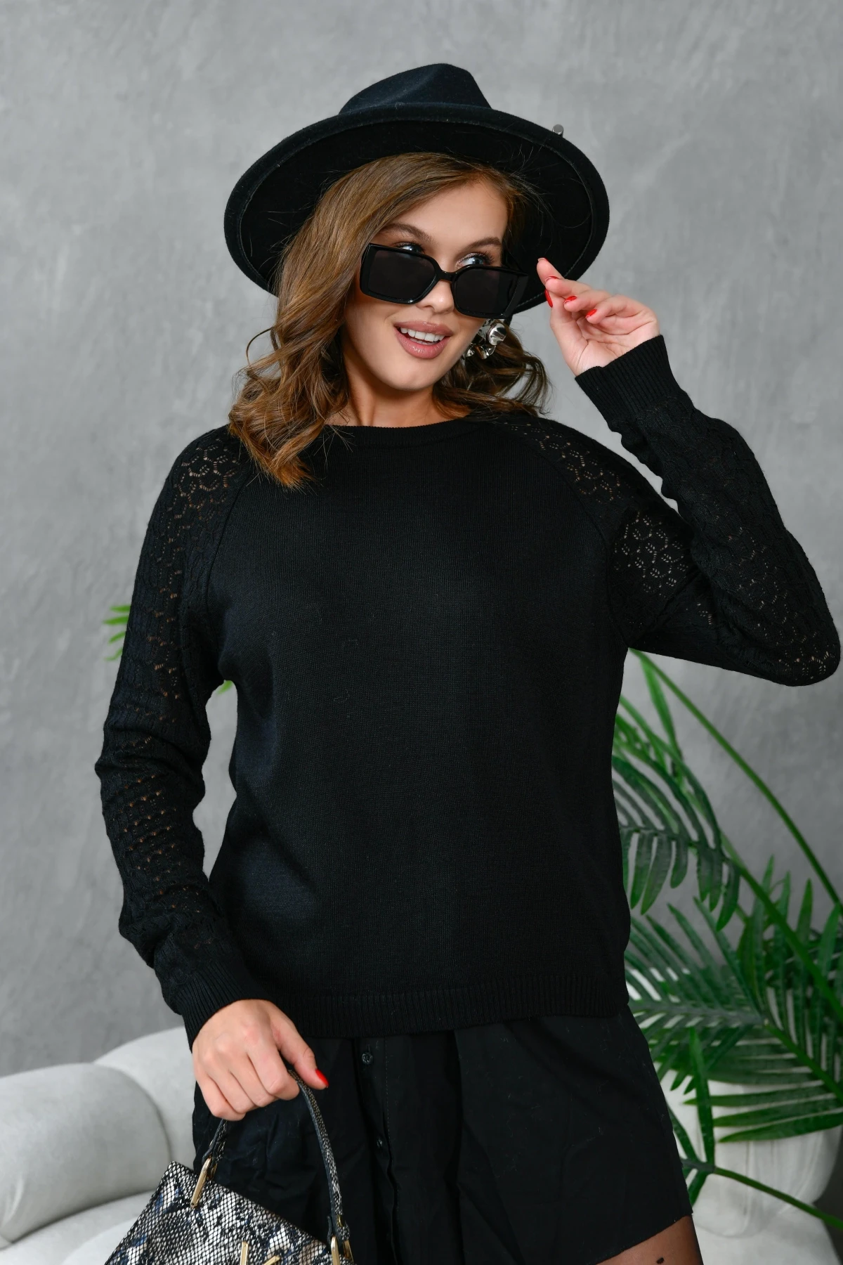 Kadın Bisiklet Yaka Kolları Ajurlu Basic Triko Kazak