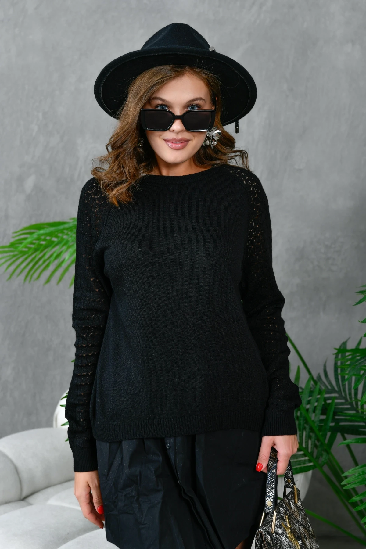 Kadın Bisiklet Yaka Kolları Ajurlu Basic Triko Kazak