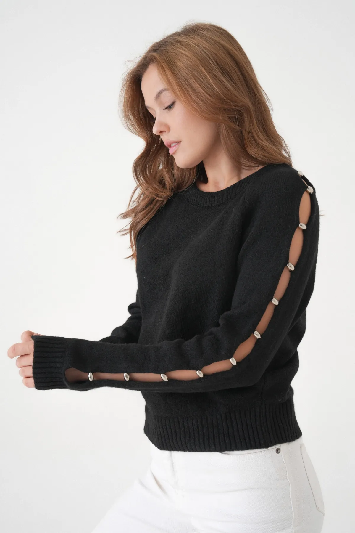 Kadın Bisiklet Yaka Kolları Boncuk Detay Yumuşak Dokulu Triko Kazak