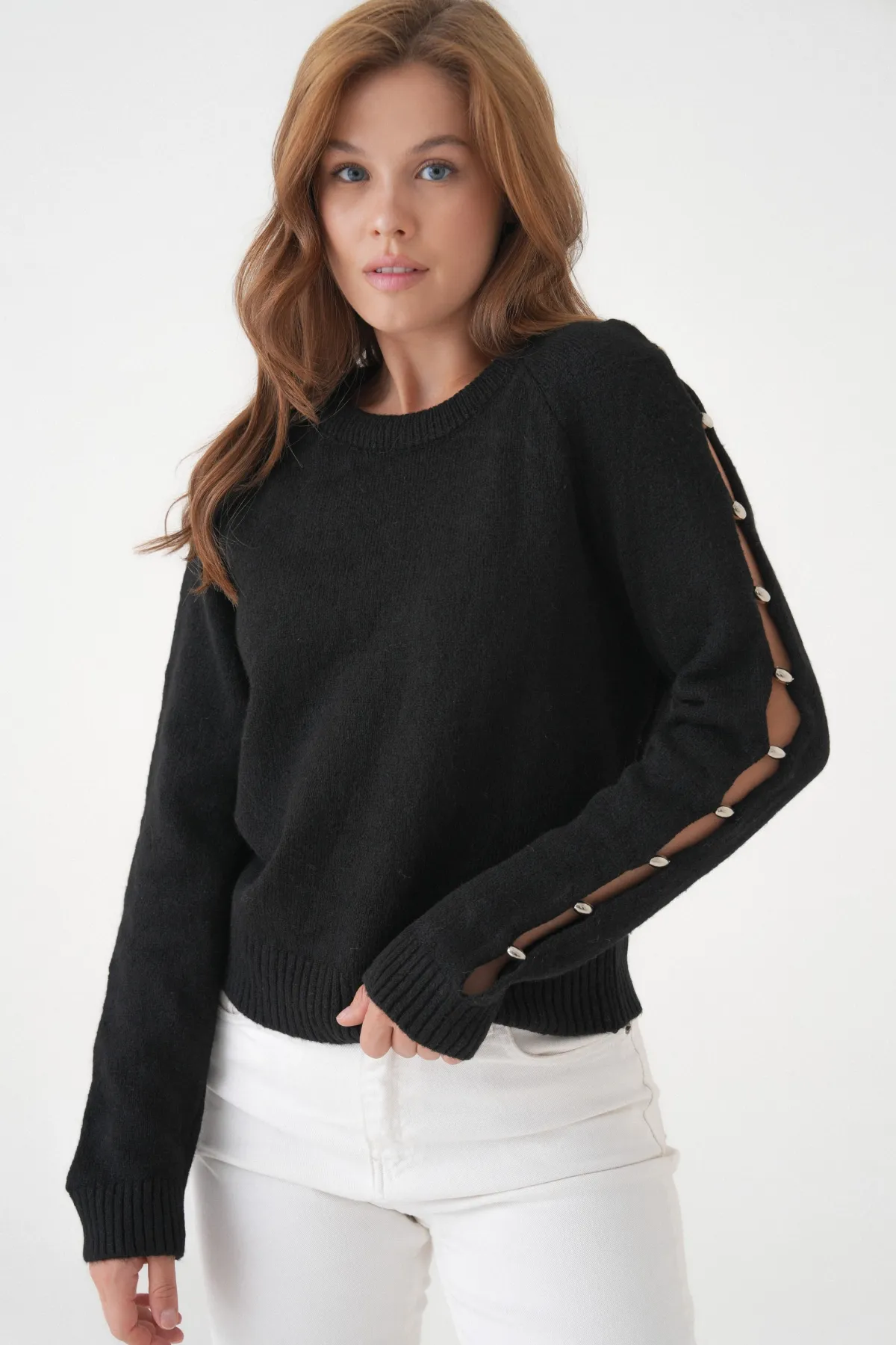 Kadın Bisiklet Yaka Kolları Boncuk Detay Yumuşak Dokulu Triko Kazak