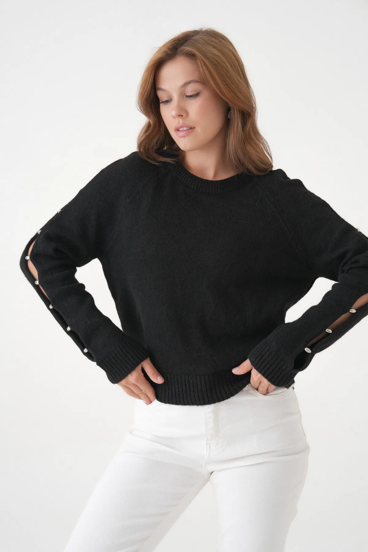 Kadın Bisiklet Yaka Kolları Boncuk Detay Yumuşak Dokulu Triko Kazak