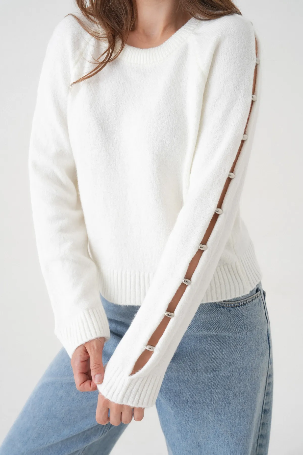 Kadın Bisiklet Yaka Kolları Boncuk Detay Yumuşak Dokulu Triko Kazak