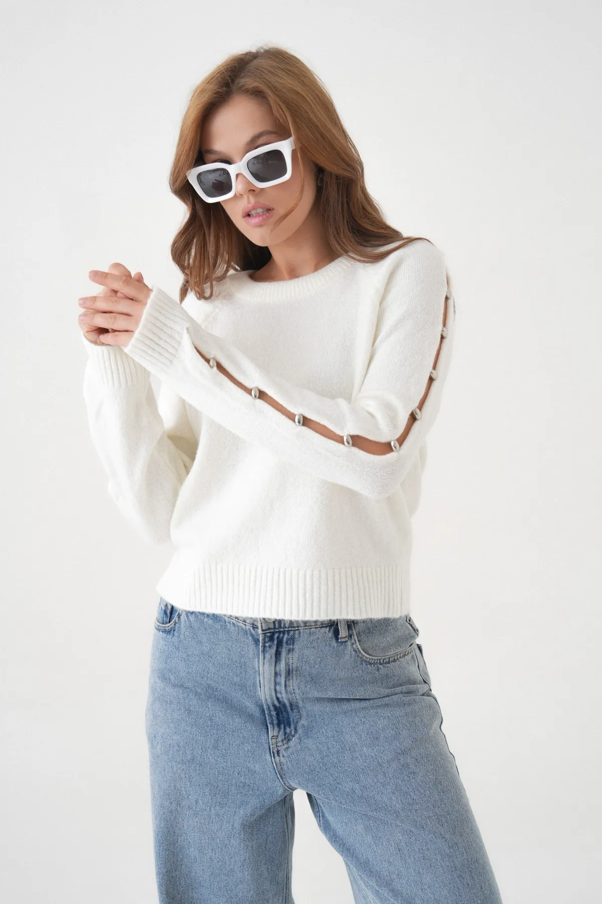 Kadın Bisiklet Yaka Kolları Boncuk Detay Yumuşak Dokulu Triko Kazak