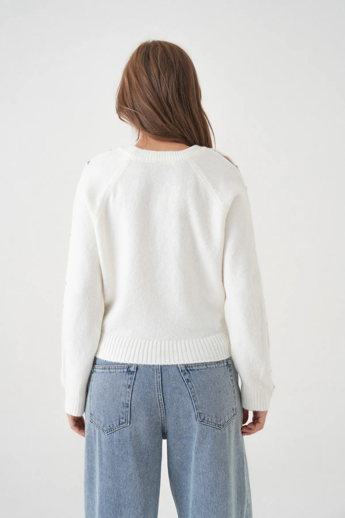 Kadın Bisiklet Yaka Kolları Boncuk Detay Yumuşak Dokulu Triko Kazak