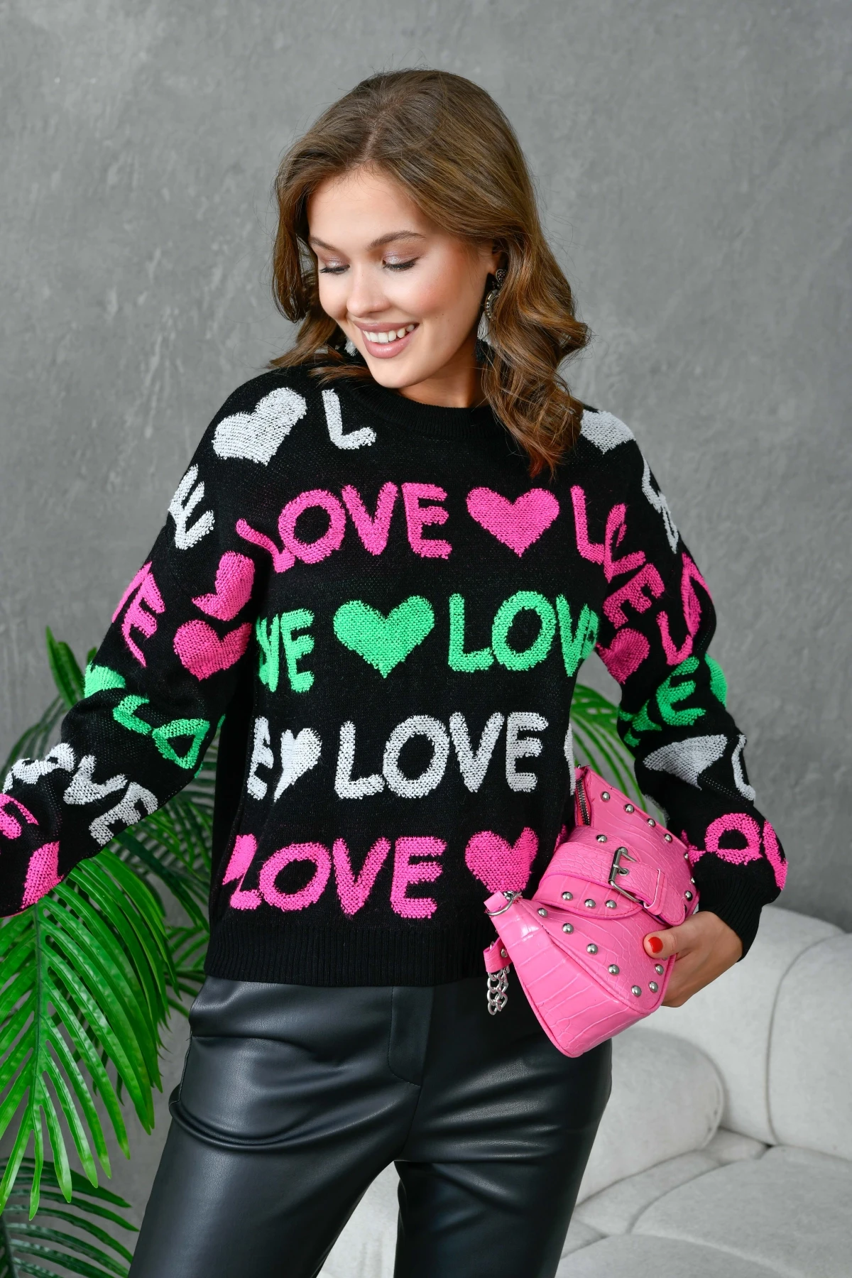 Kadın Bisiklet Yaka Love Örgü Desenli Havlu Kumaş Triko Kazak 10469