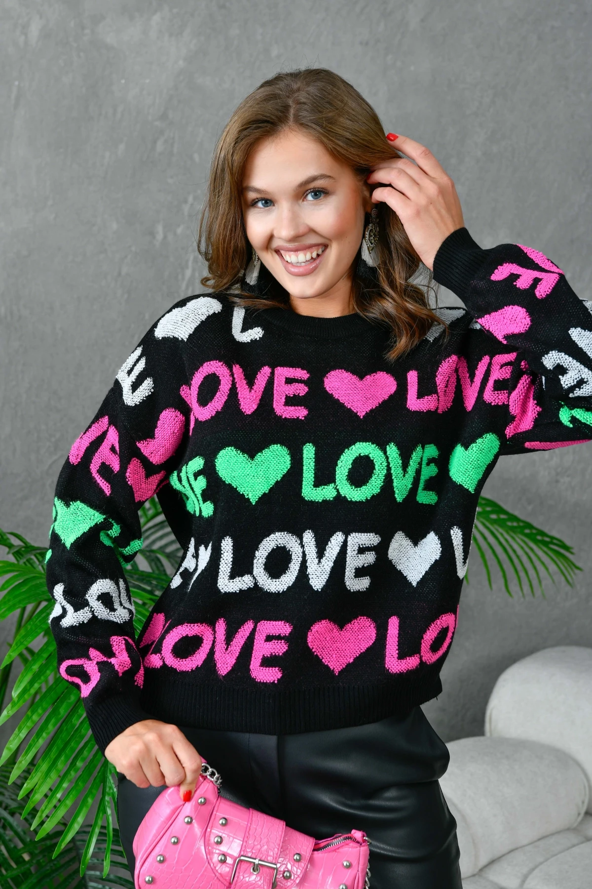 Kadın Bisiklet Yaka Love Örgü Desenli Havlu Kumaş Triko Kazak 10469