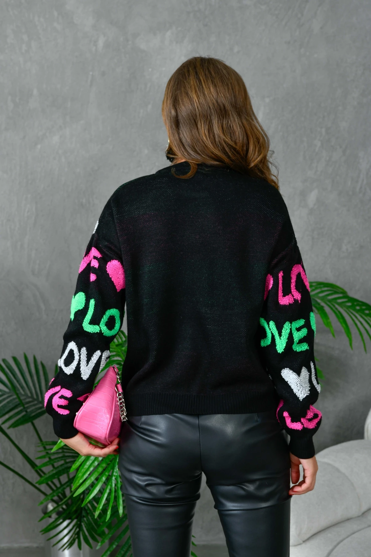 Kadın Bisiklet Yaka Love Örgü Desenli Havlu Kumaş Triko Kazak 10469