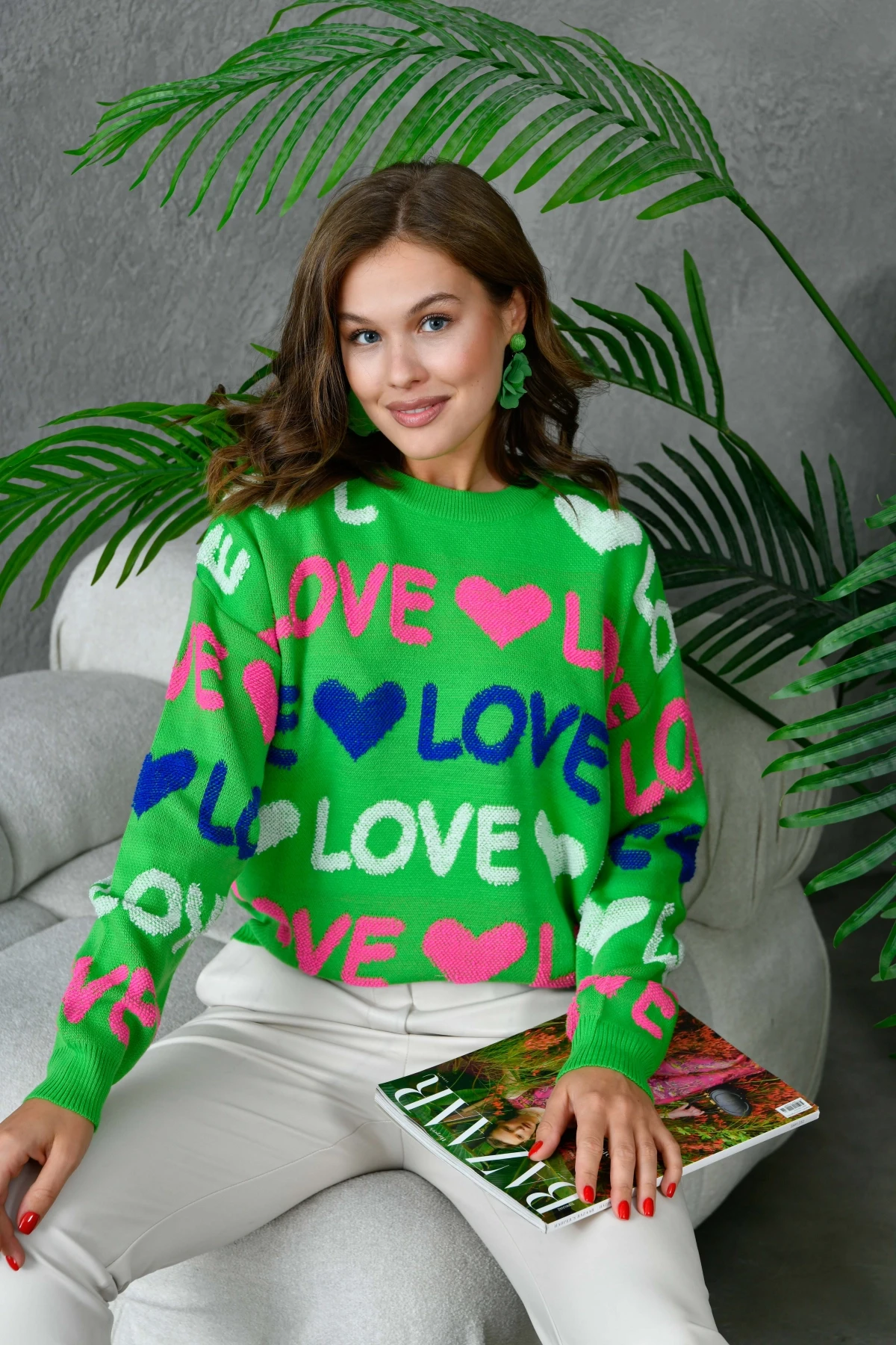 Kadın Bisiklet Yaka Love Örgü Desenli Havlu Kumaş Triko Kazak 10469