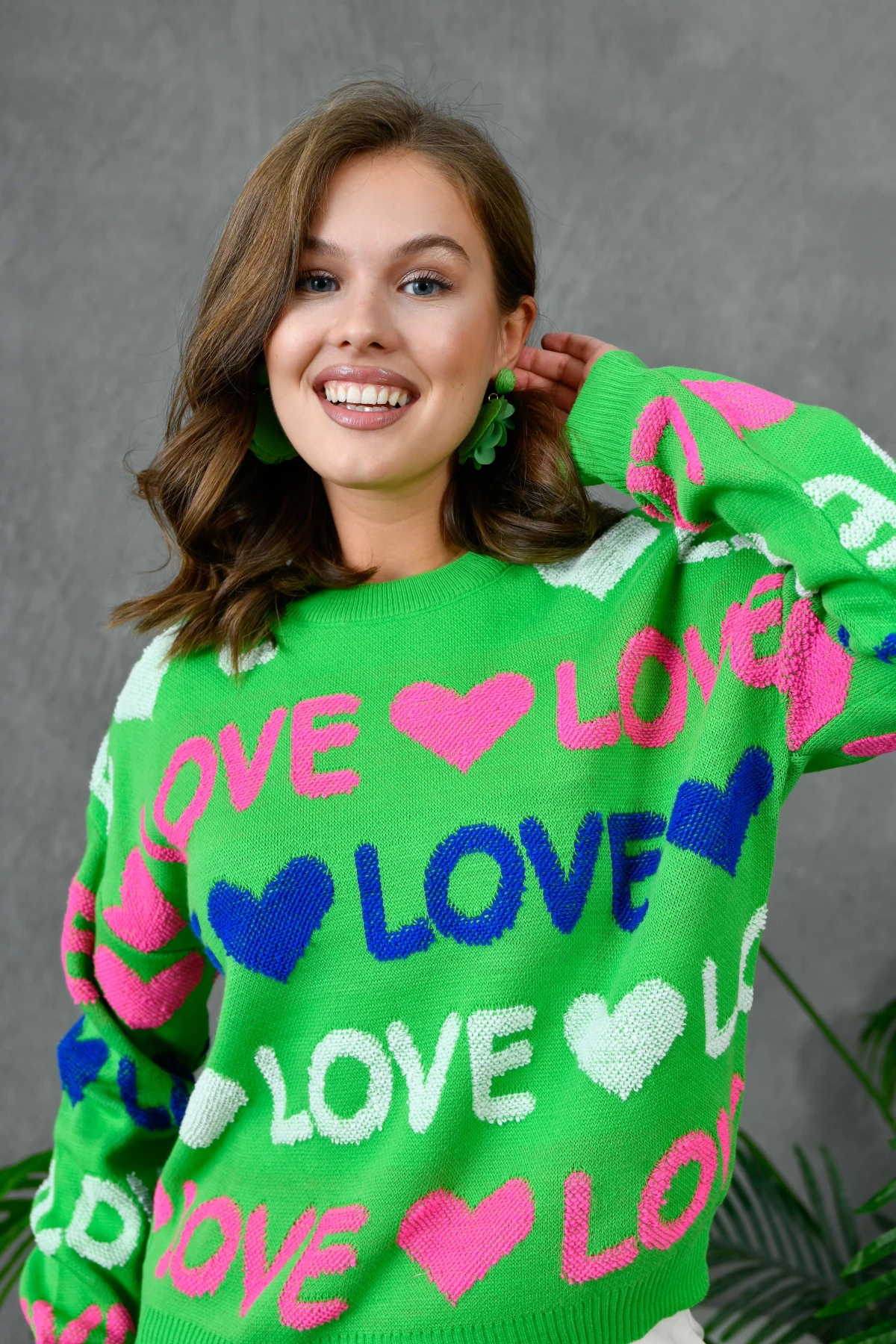 Kadın Bisiklet Yaka Love Örgü Desenli Havlu Kumaş Triko Kazak 10469