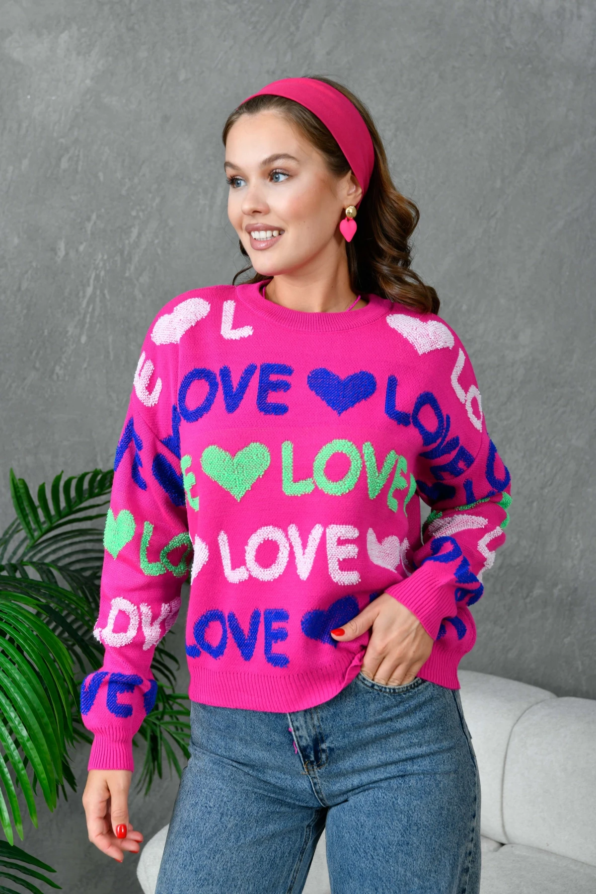 Kadın Bisiklet Yaka Love Örgü Desenli Havlu Kumaş Triko Kazak 10469