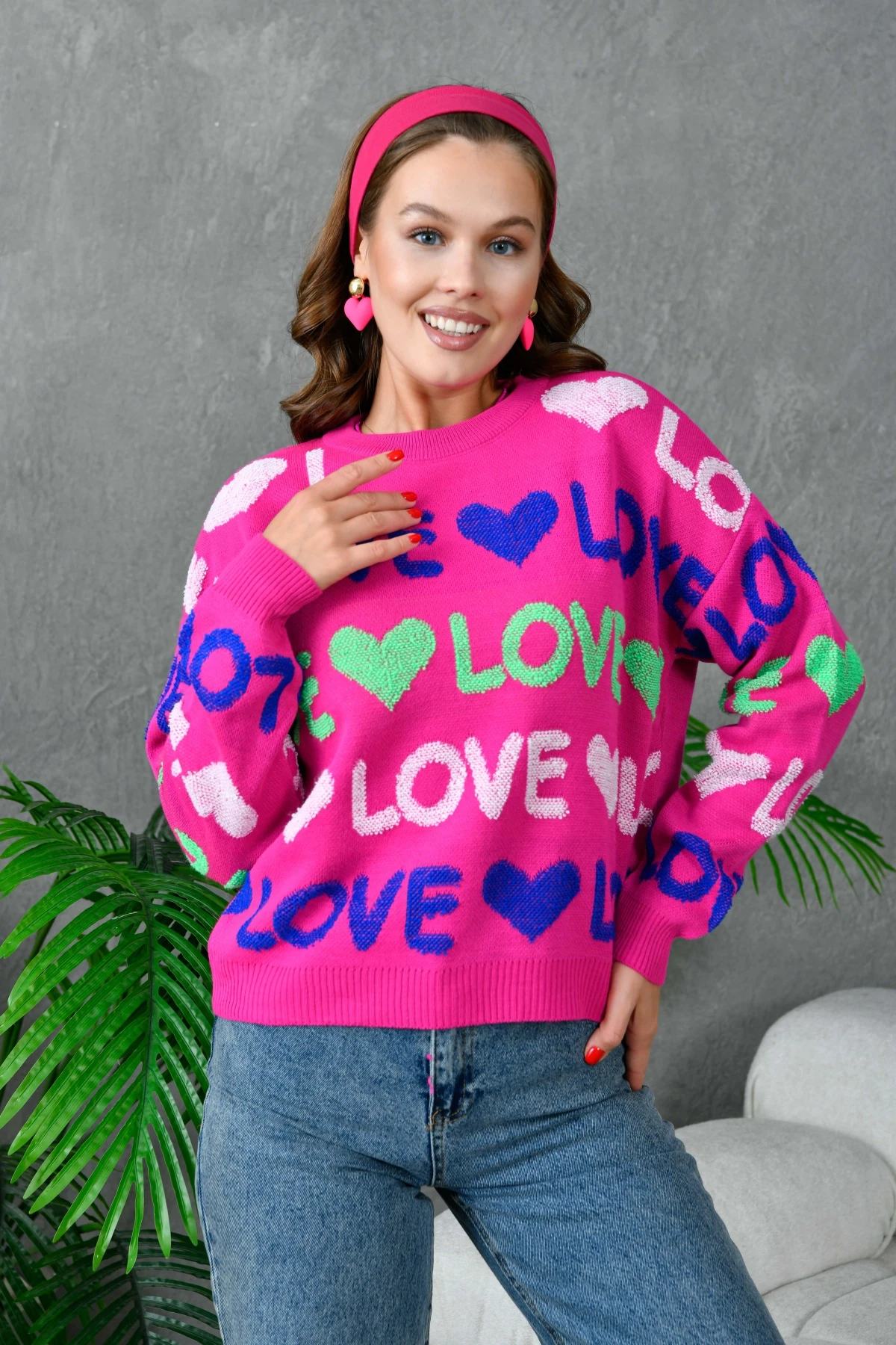 Kadın Bisiklet Yaka Love Örgü Desenli Havlu Kumaş Triko Kazak 10469