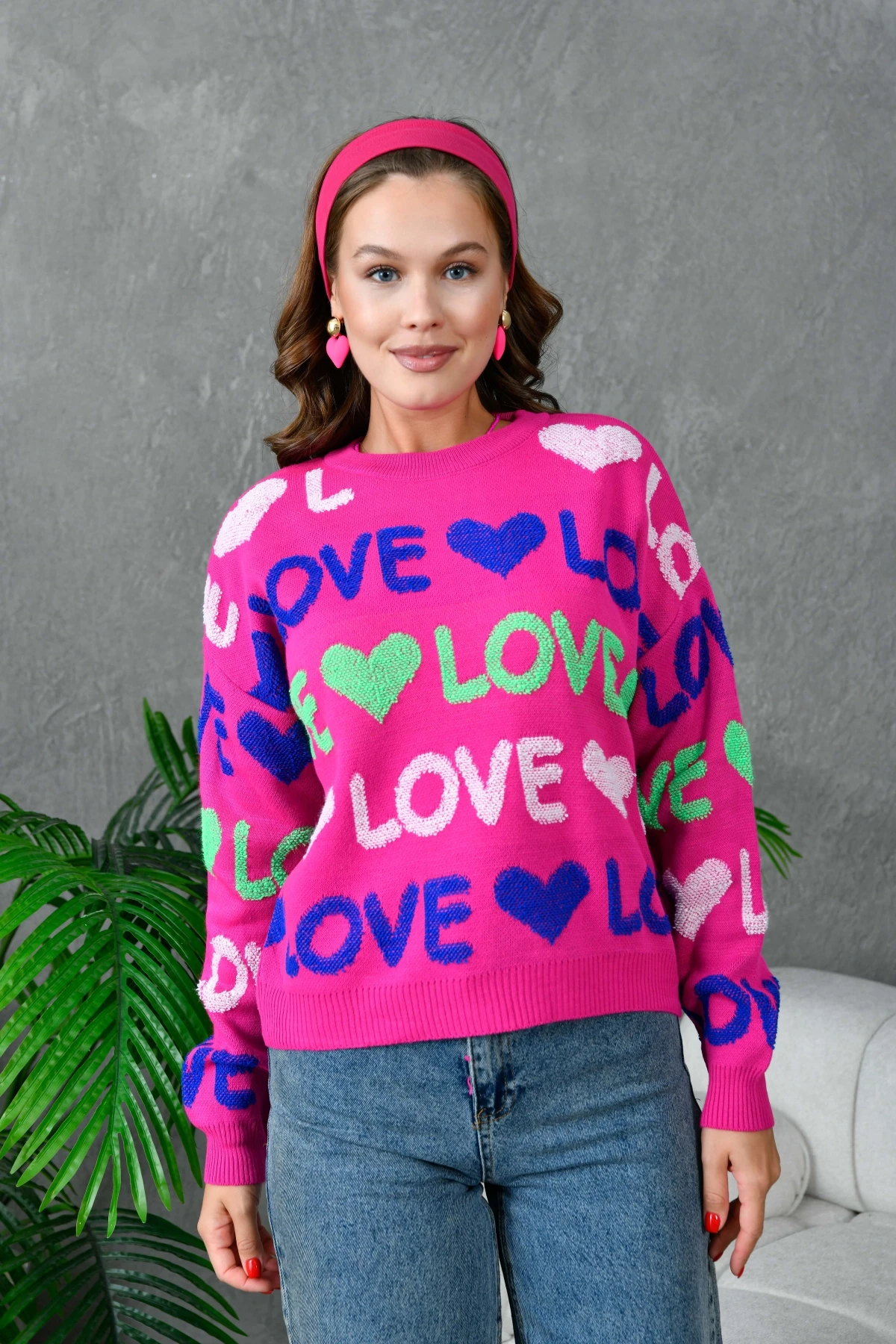 Kadın Bisiklet Yaka Love Örgü Desenli Havlu Kumaş Triko Kazak 10469